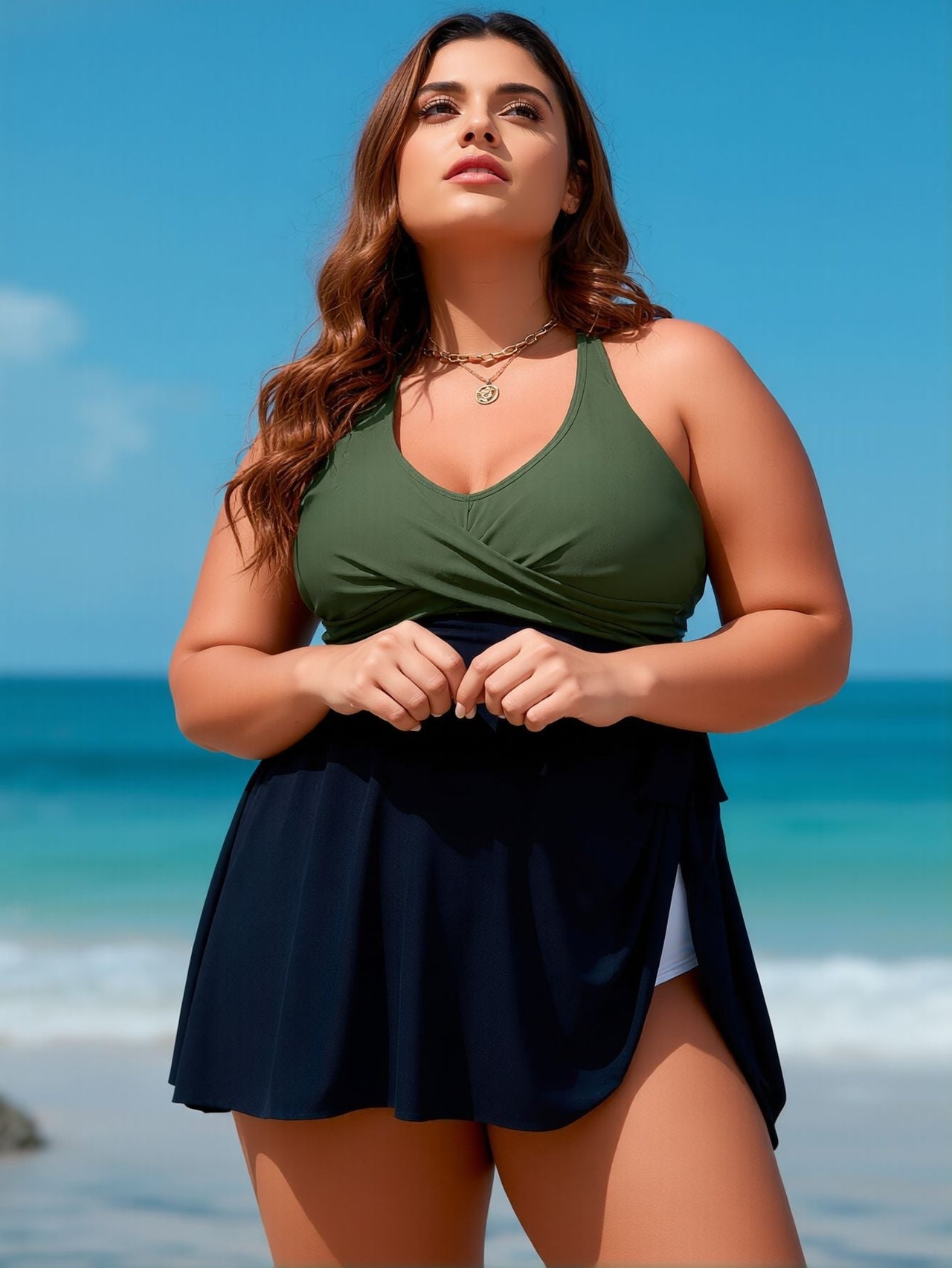 2026 New Women's Plus Size One-Piece Swimsuit Dress: Olive Green & Navy, Halter Neck, Wrap Skirt, Curvy-Friendly Beach Style