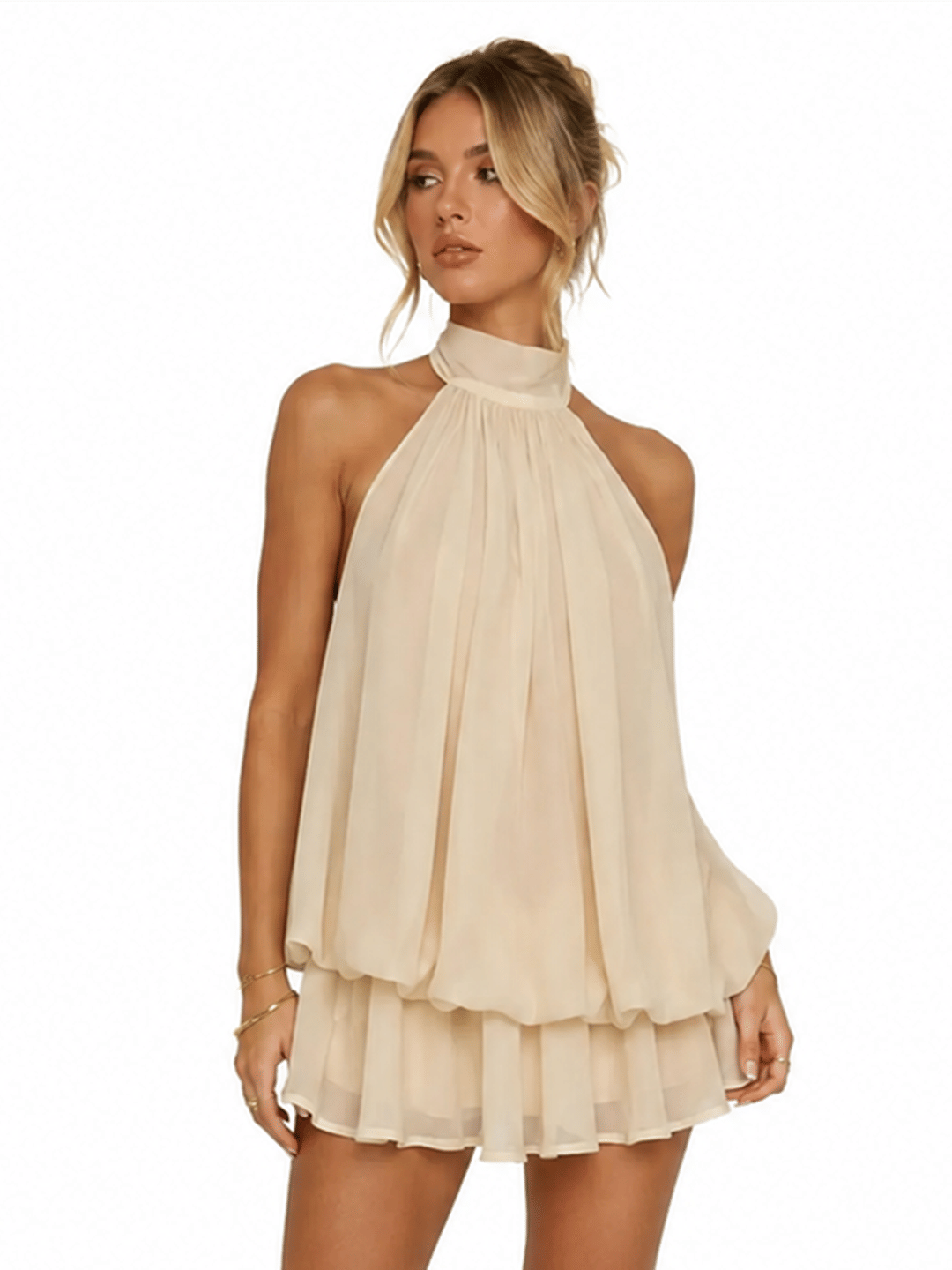 Womens Summer Dresses Halter Tie Mini Dress With Built-in Shorts, Chiffon Elegant A-Line Backless Sundress
