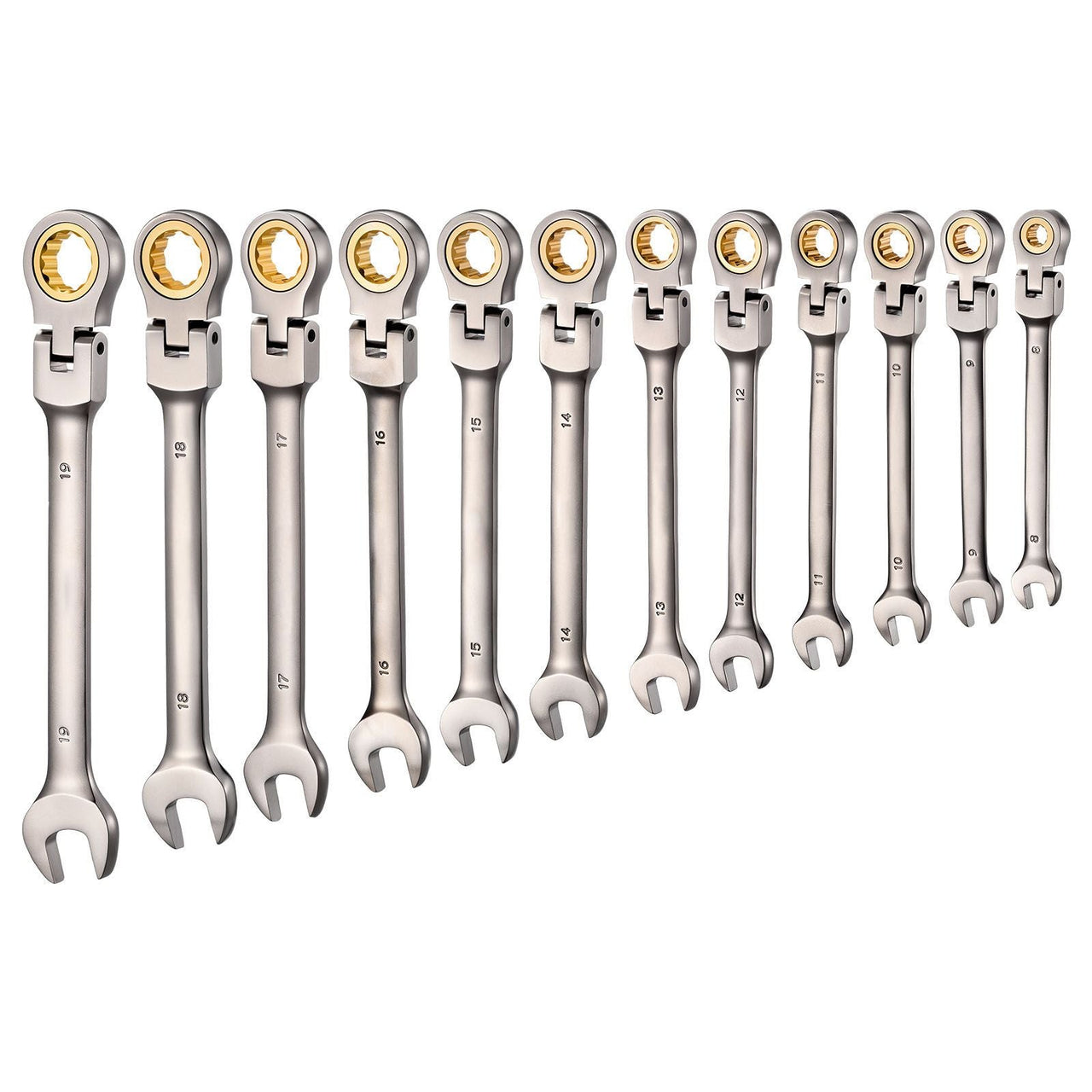 Flex-Head Ratcheting Wrench Set, 12-Piece Metric 8 mm to 19 mm, 72 Teeth, Cr-V Steel Ratchet Flexible Combination Wrench Set with Roll Up Pouch, for General Household and Automotive Repairs