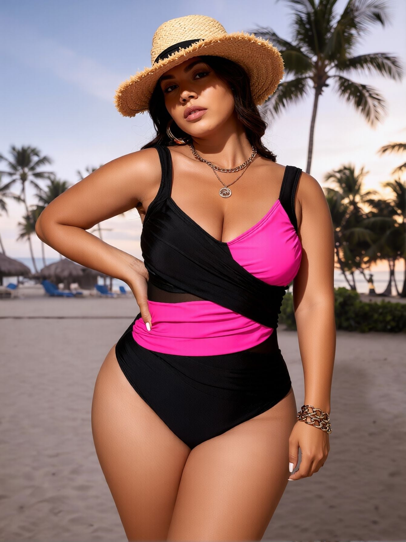 2026 New Plus Size Black & Hot Pink Color Block One-Piece Swimsuit Women's Deep V Crisscross Ruched Mesh Panel Thong Bathing Suit for Beach Vacation, Sexy & Slimming