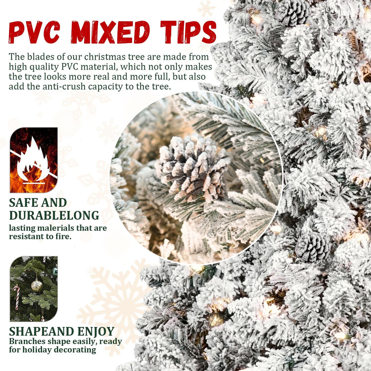 8ft Pre-lit Flocked Christmas Tree with 700 UL Lights & 54 Pine Cones & 1754 Tips Snow Frosted Artificial Xmas Tree
