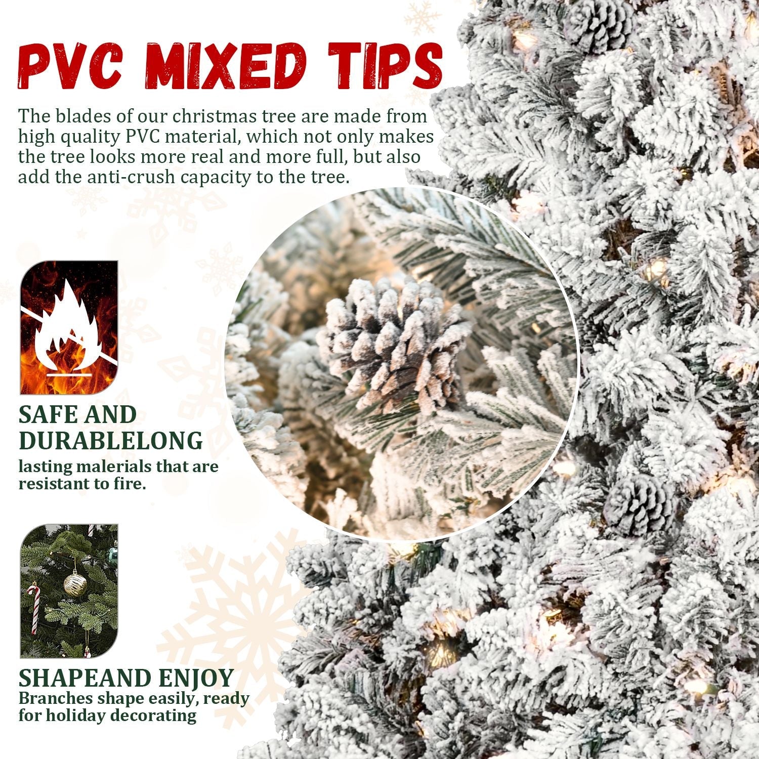 8ft Pre-lit Flocked Christmas Tree with 700 UL Lights & 54 Pine Cones & 1754 Tips Snow Frosted Artificial Xmas Tree