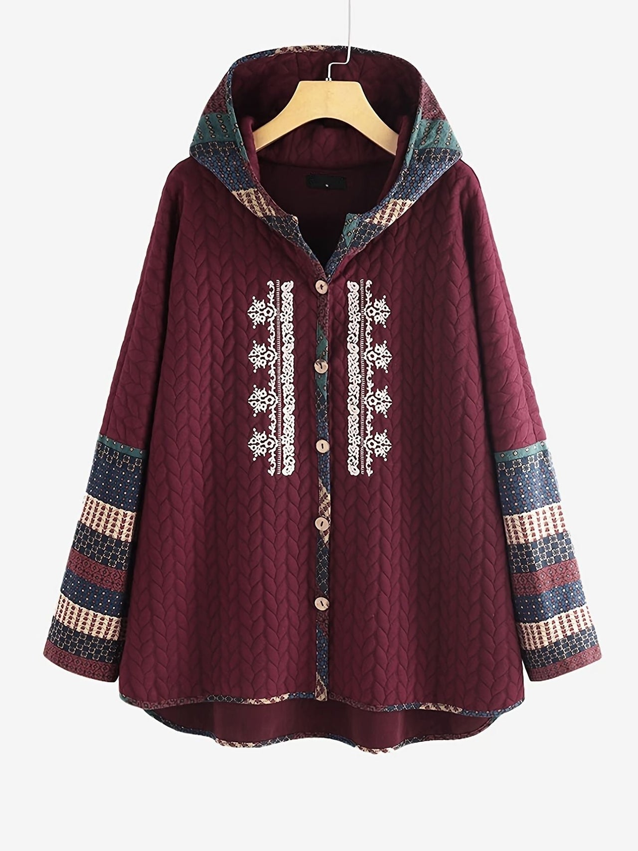Plus Size Rib Knit Solid Hoodie Colorblock Coat; Women's Plus Slight Stretch Casual Winter Coat