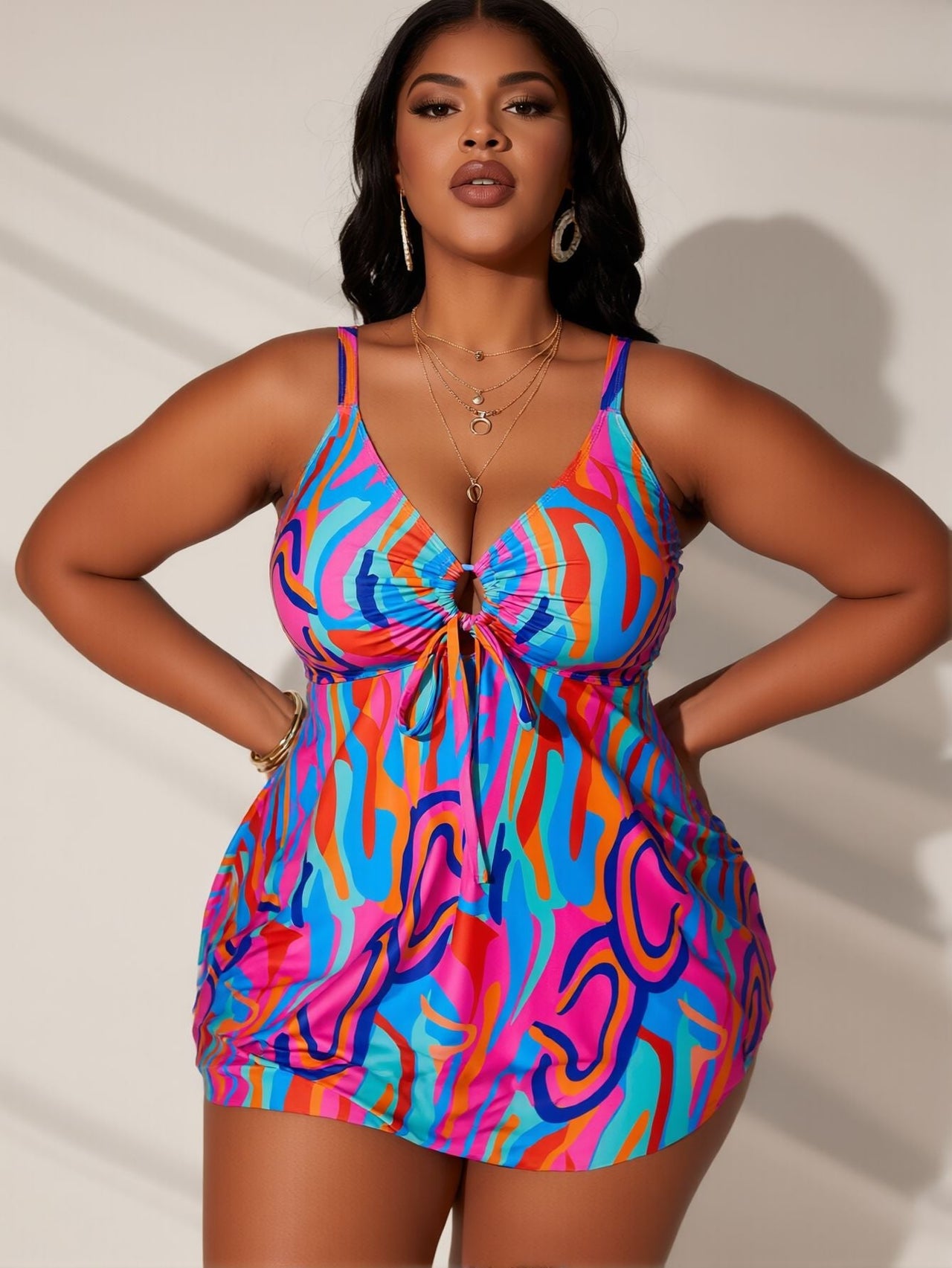 2026 New Plus Size Swim Dress: Vibrant Abstract Print, V-Neck, Tie Front Cutout, Curvy Beach Style
