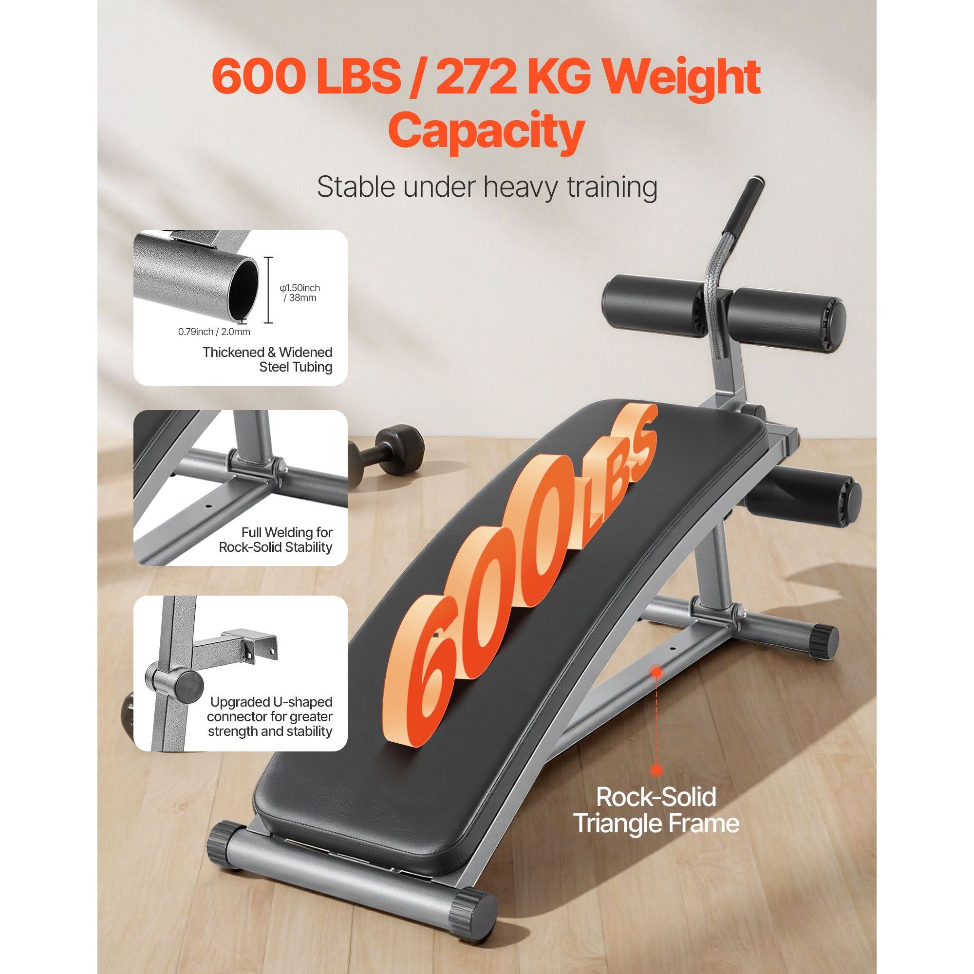 Sit Up Bench, Curved Decline Ab Bench with Reverse Crunch Handle, with 6 Adjustable Height Setting, Heavy Duty Steel, 600 Lbs Capacity for Home Gym Workouts, Strength Training, Full Body Muscles