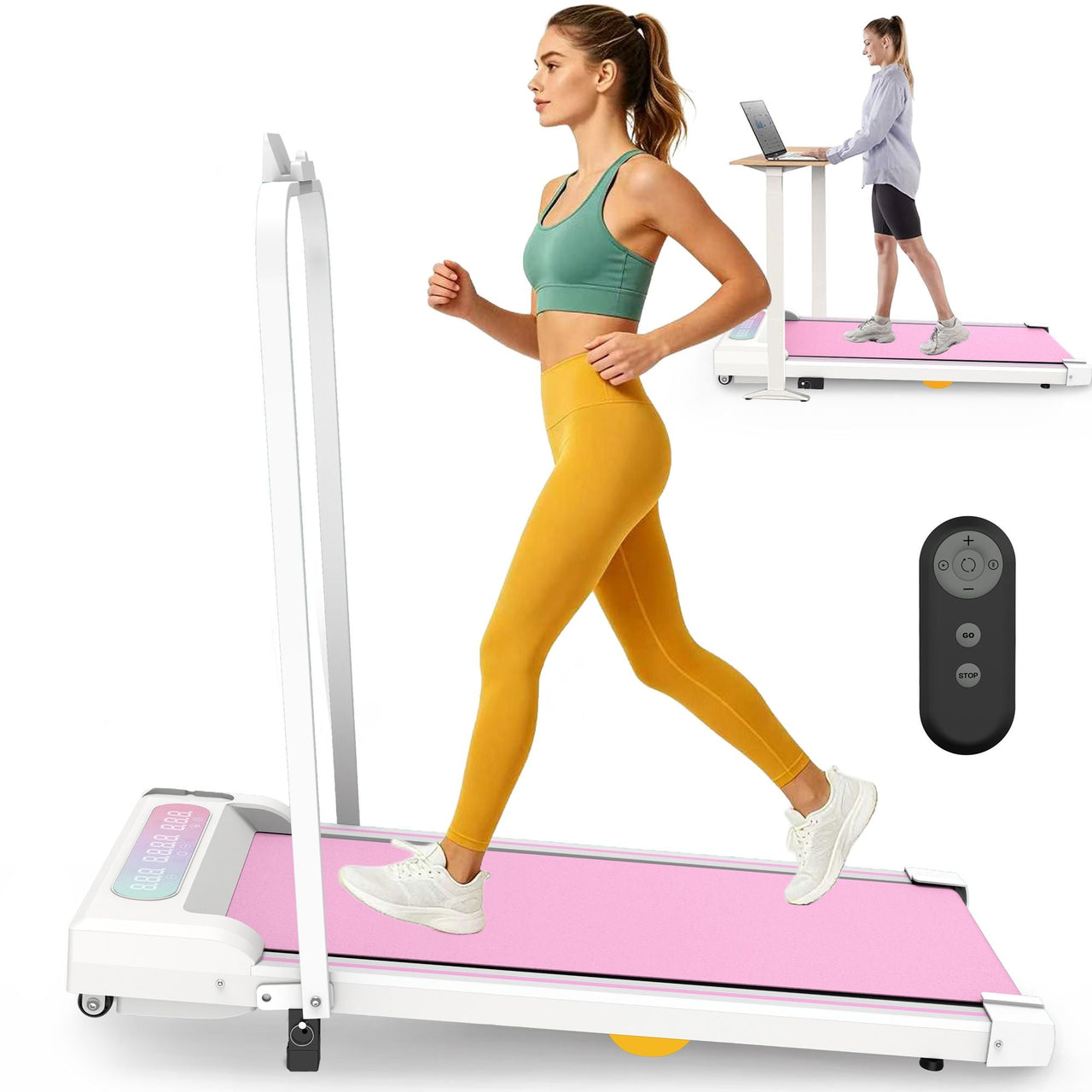 Under Desk Treadmill with Incline, Walking Pad, 2 in 1 Portable Treadmill with Handle Remote Control LED Display, Walking Jogging Machine for Home Office Use Pink