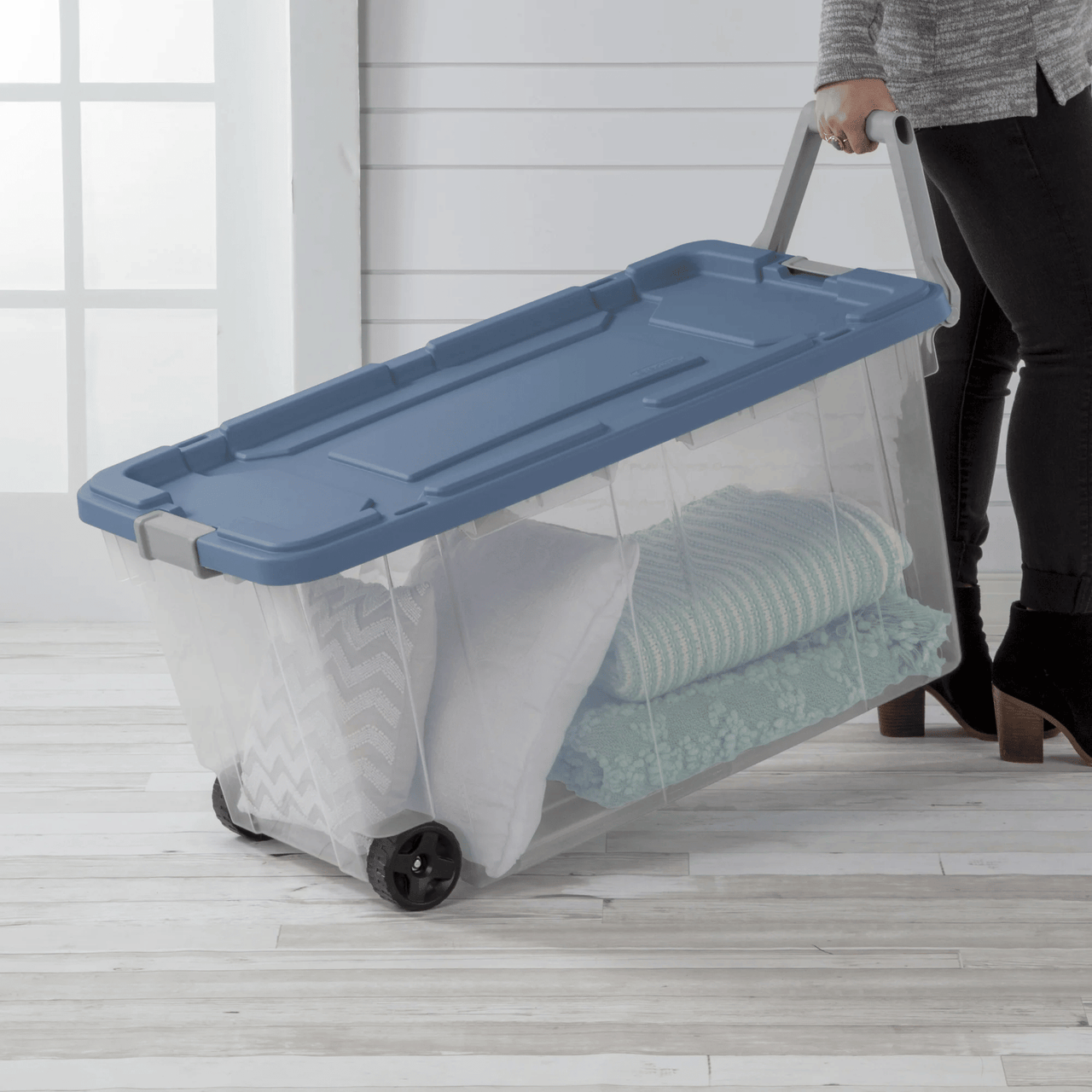 Extra Large Storage Bin, 160 Quart Wheeled Clear Plastic Storage Container with Handle, Gray, Pack of 2