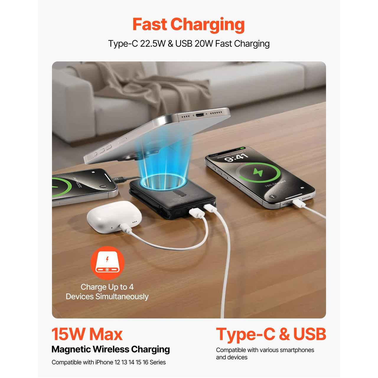 Magnetic Power Bank, 10000 mAh Battery Pack, Wireless MagSafe-Compatible Portable Charger, with Smart LED Display, Foldable Stand, Fast Charging for iPhone16/15/14/13/12 Series, Samsung, Huawei