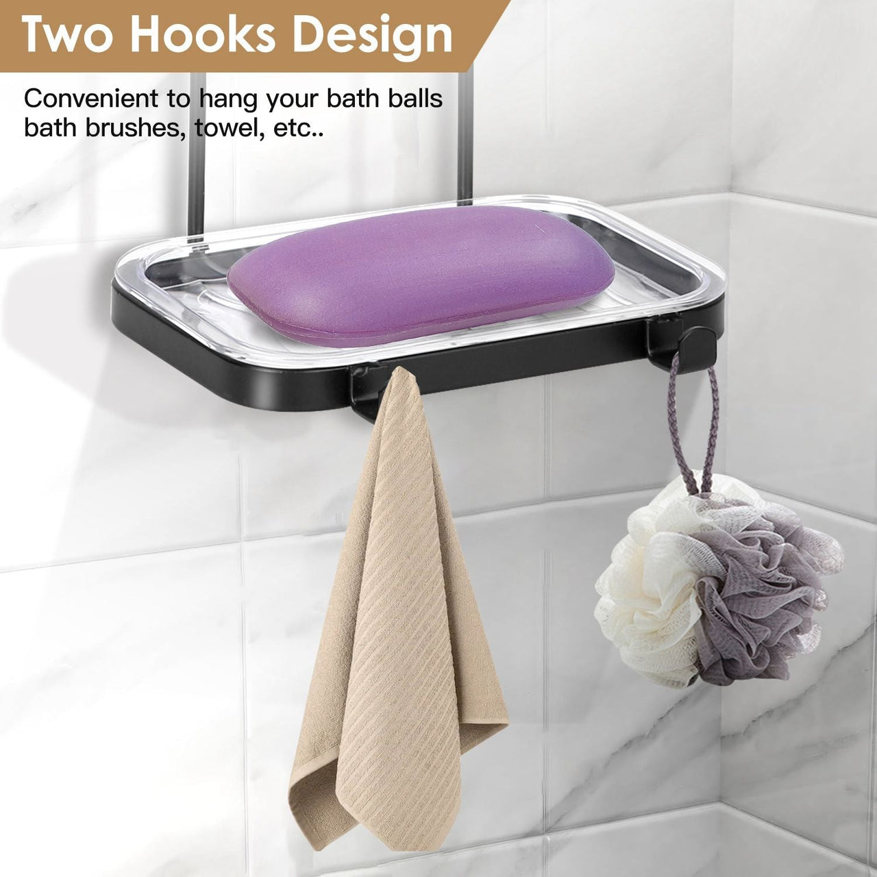 Soap Dish Soap Bar Holder Square Soap Rack Wall Mounted S Bar Shower Bathroom Self with 2 Hooks