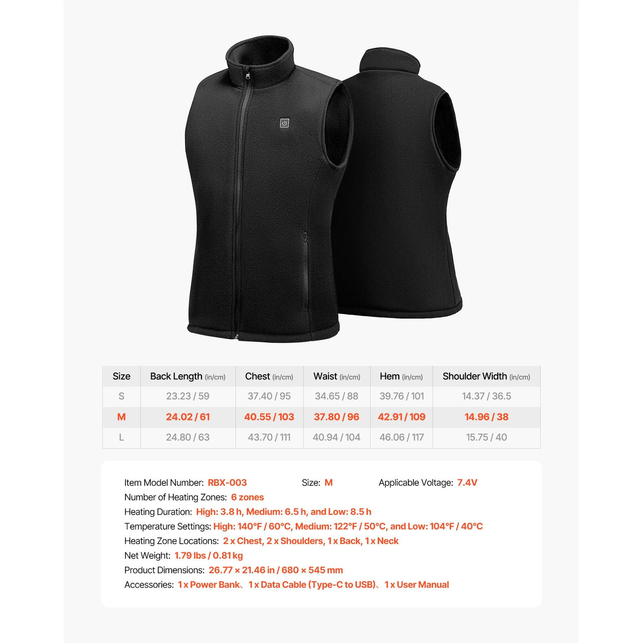 Heated Vest, Women Electric Heating Vest with 16000 mAh Battery Pack, 6 Heating Zones Lightweight Rechargeable Winter-Vest with 3 Levels, for Outdoor Hiking Camping Fishing Skiing, Size M