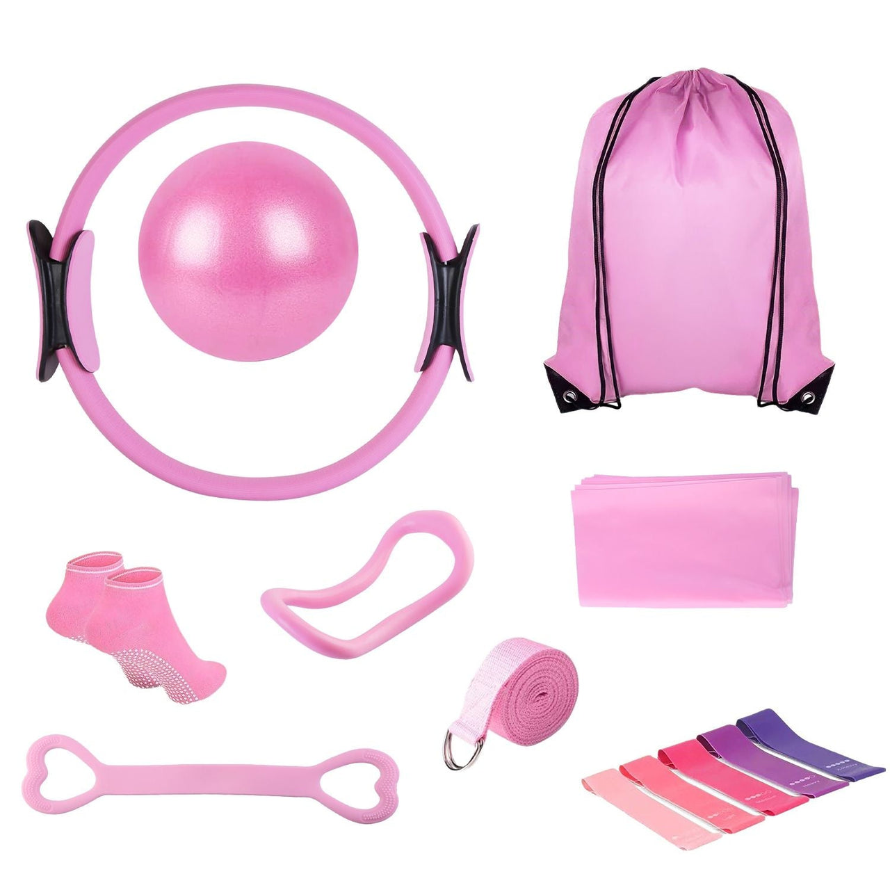 14Pcs Pilates Ring Essentials Kit For Women with Yoga Ball Arm Stretcher 5 Resistant Bands Figure 8 Resistant Band Elastic Band Non-slip Socks Yoga Strap