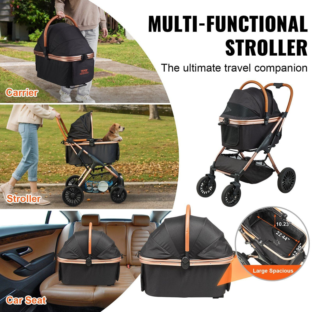 Pet Stroller - 4 Wheels Dog Stroller Rotate with Brakes, 66 lbs Weight Capacity, Puppy Stroller with Detachable Carrier, Storage Basket and Pet Pad, for Small to Medium Sized Dogs, Black