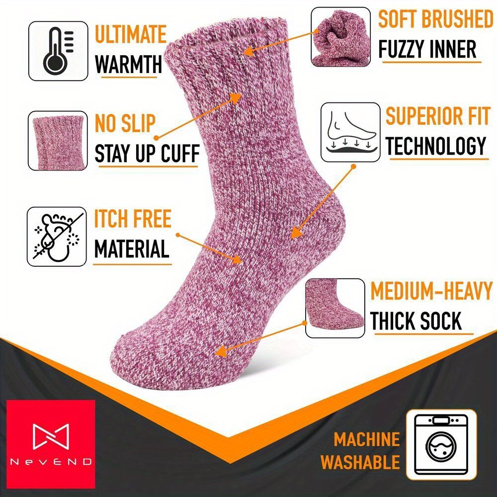 6 Pairs Women's Wool Thermal Boot Socks (EU 9-11) - Heavy-Duty Winter Warmth, BS4745 2.4 Tog Rating, Multi-Color (Pink/ Grey/ Blue/ Green/ Black)