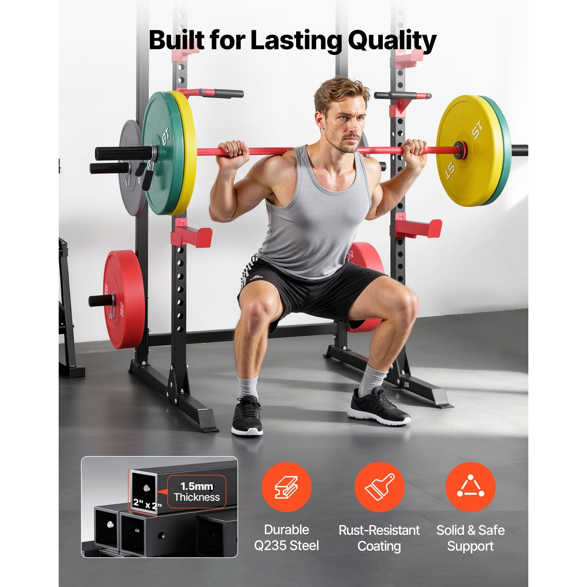 Power Cage Power Rack, Multifunctional Barbell Squat Rack with Adjustable Height, Home Gym Strength Training Workout Equipment with J-Hooks & More Fitness Attachment for Bench Press Pull-Up Dips