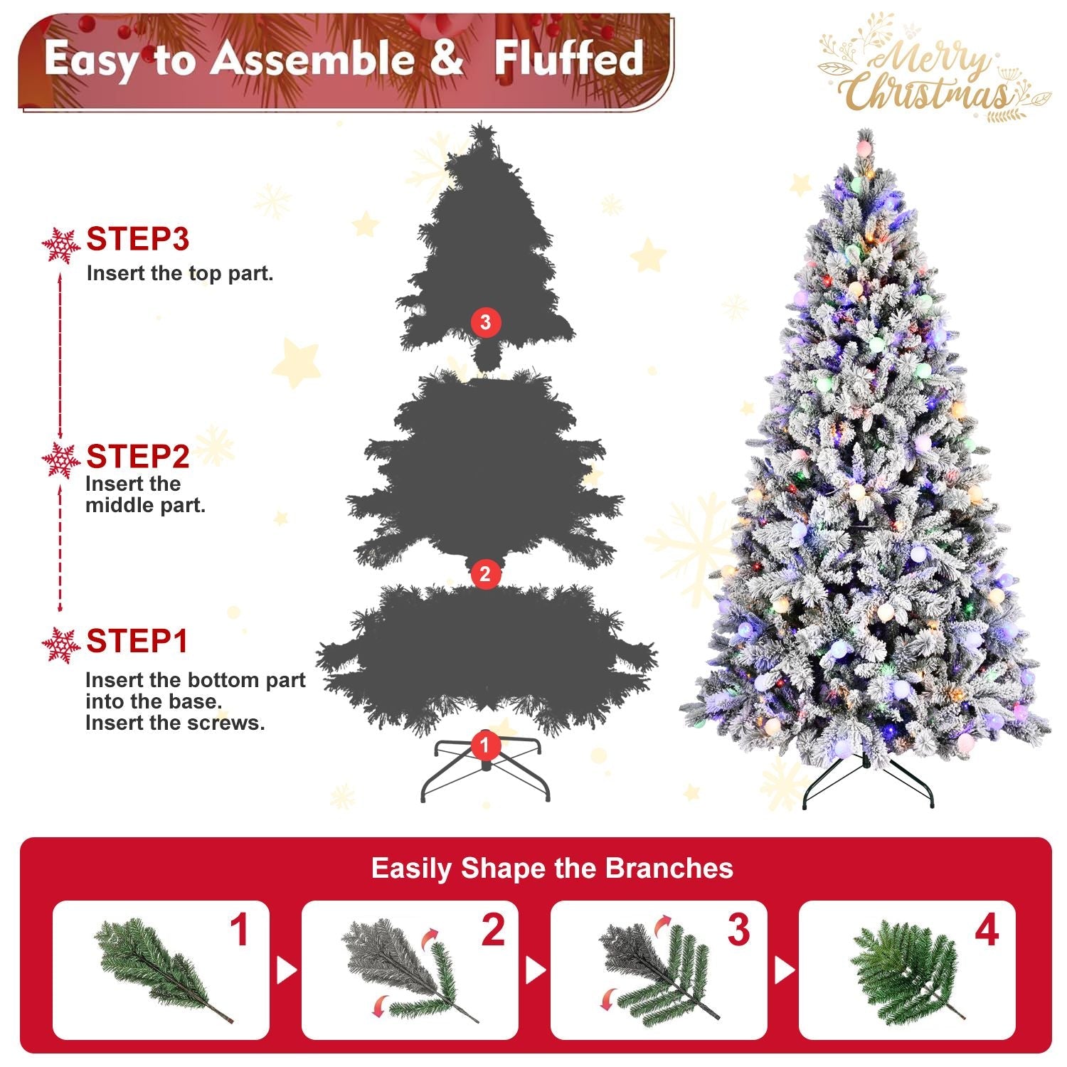 7.5FT Prelit Artificial Flocked Christmas Tree with 400 Multi-Color LED Lights, Full Hinged Pine Xmas Tree with 1523 PE & PVC Mixed Branch Tips, Metal Stand and Hinged Branches, 10 Colors