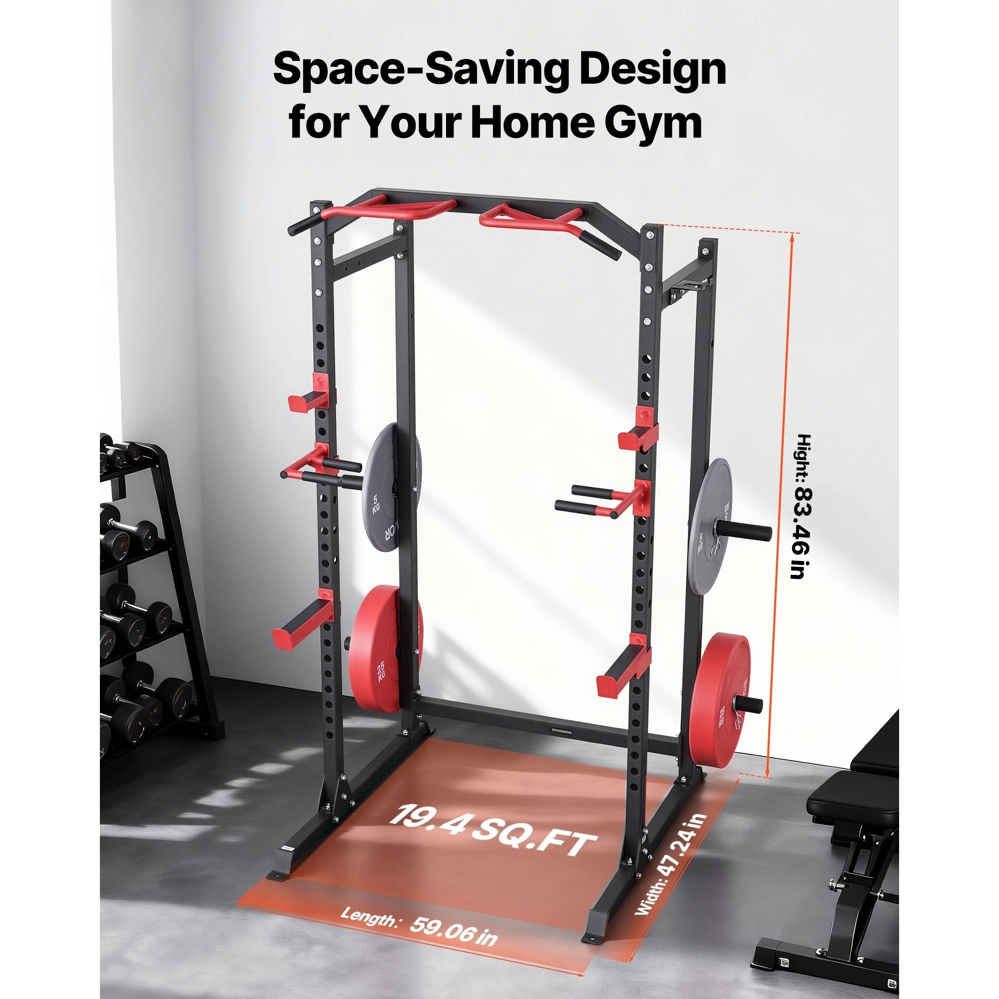 Power Cage Power Rack, Multifunctional Barbell Squat Rack with Adjustable Height, Home Gym Strength Training Workout Equipment with J-Hooks & More Fitness Attachment for Bench Press Pull-Up Dips