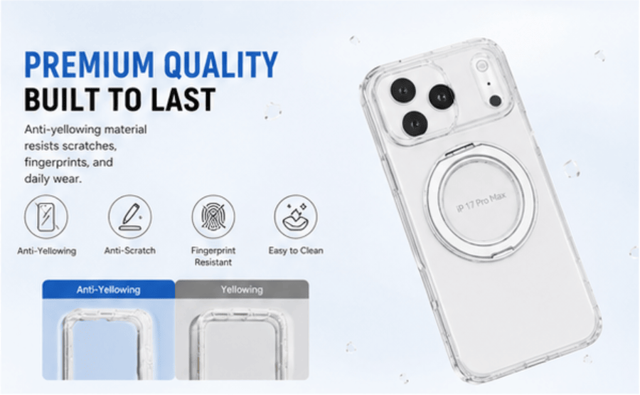 Transparent Magnetic Phone Case Compatible with iPhone 13-17 AIR, 360° Rotating Ring Holder, Anti-Yellow & Shockproof Protective Case, Works with Magnetic Accessories