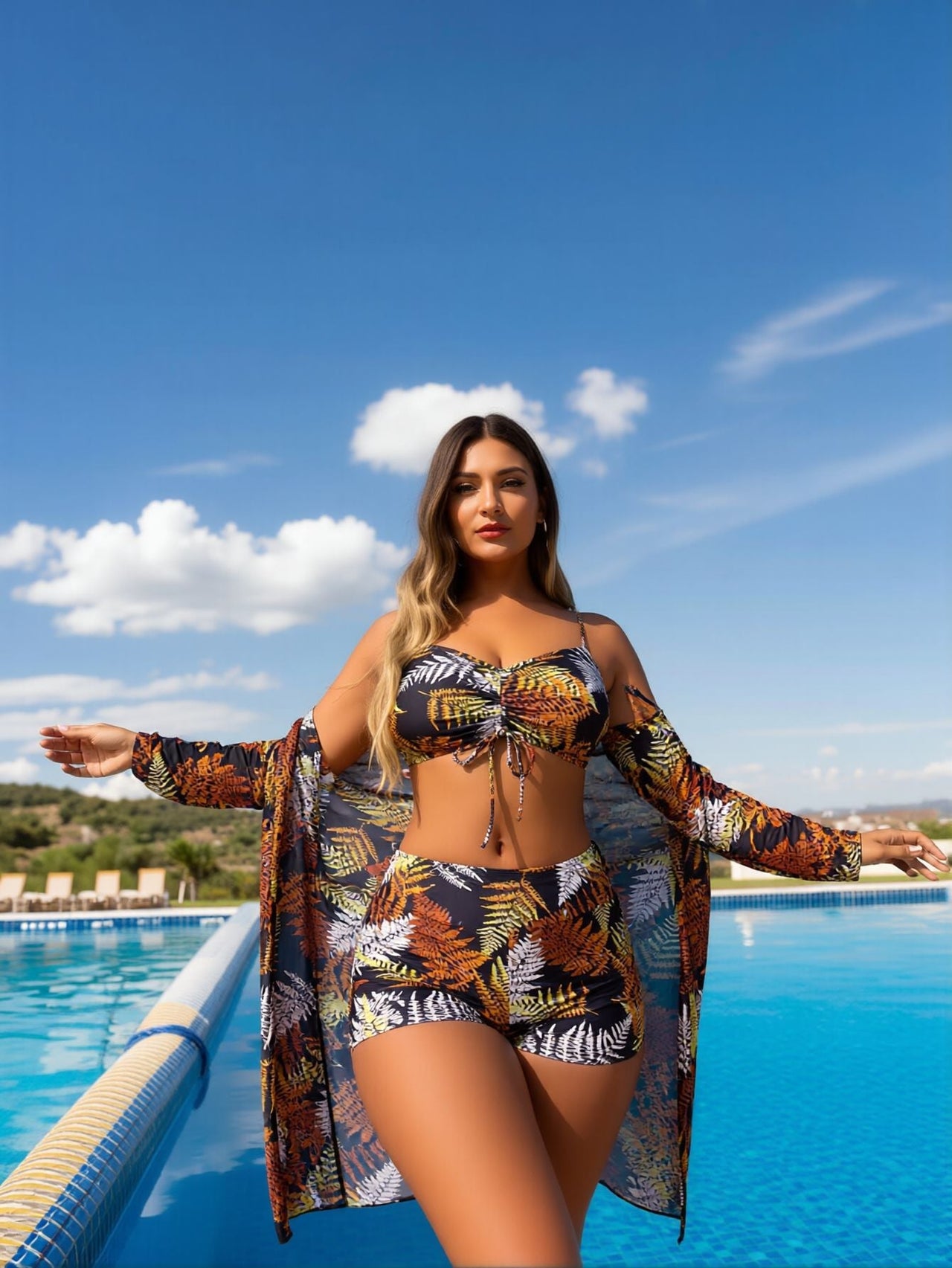 New women's sunscreen suit three-piece day black and white color matching sunset maple leaf printing mesh long-sleeved beachwear swimsuit