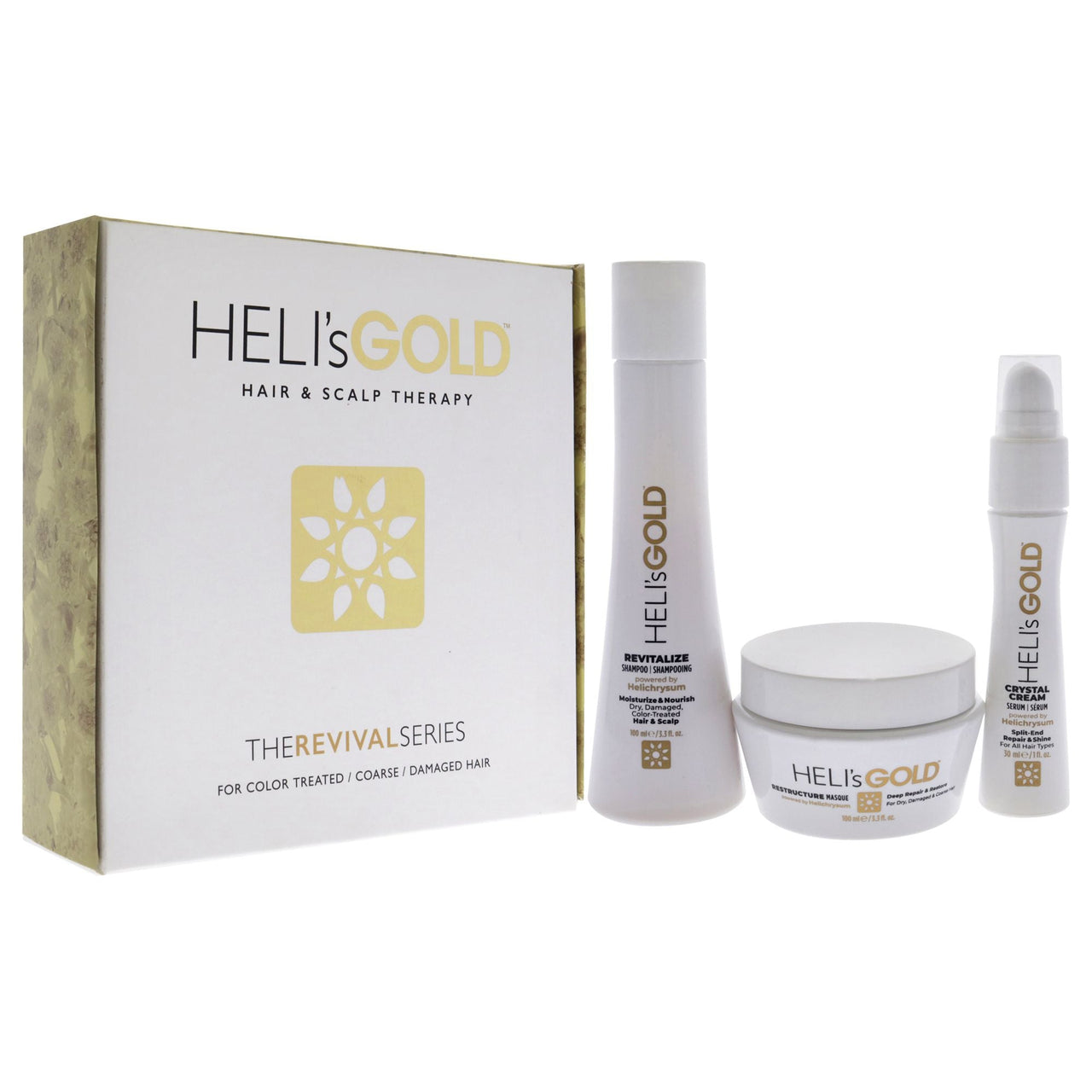 The Revival Series Travel Kit by Helis Gold for Unisex - 3 Pc 3.3oz Revitalize Shampoo, 3.3oz Restructure Masque, 1oz Crystal Cream