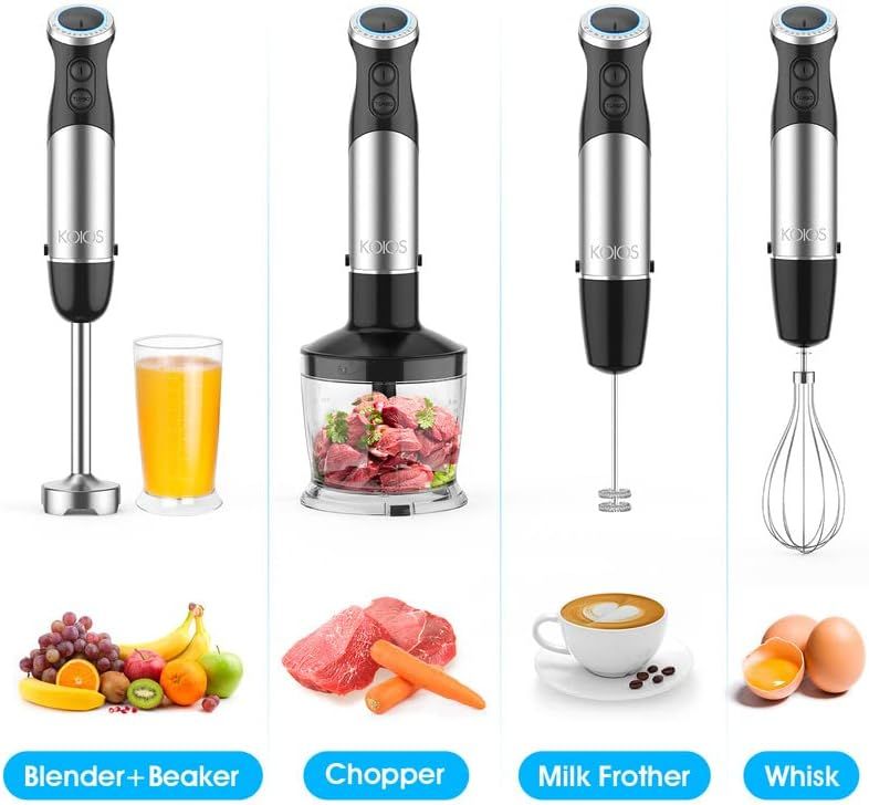 KOIOS Immersion Blender Handheld, 1000W 12-Speed 5 in 1 Hand Mixer Stick Blender with 304 Stainless Steel Blade, Food Processor, Beaker, Egg Whisk and Milk Frother,B PA-F ree, for Smoothies Baby Food