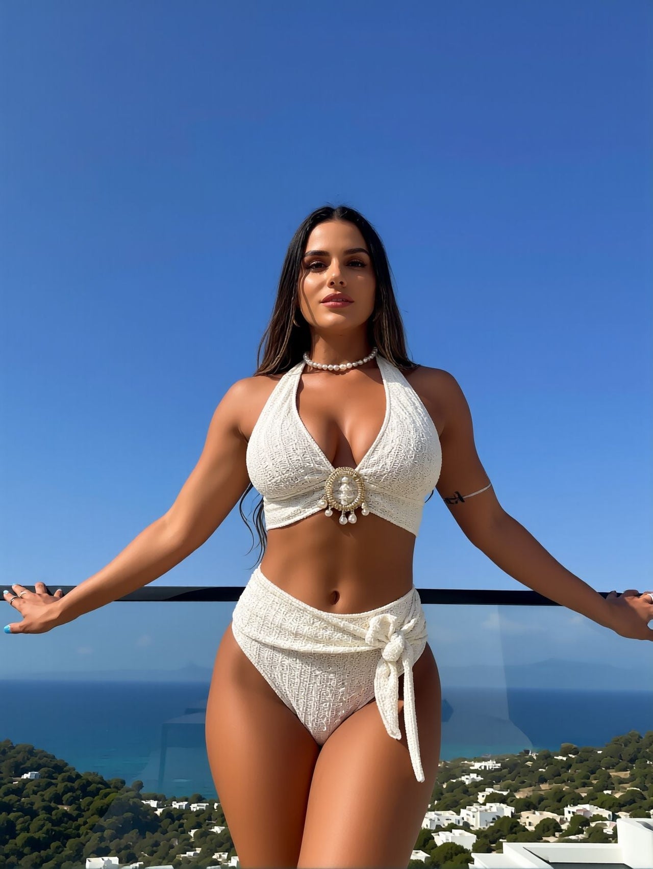 2026 New Cream Textured Halter Two-Piece Swimsuit Women's Side Tie High-Waisted Tummy Control Bathing Suit for Beach Vacation, Gentle Luxury Style