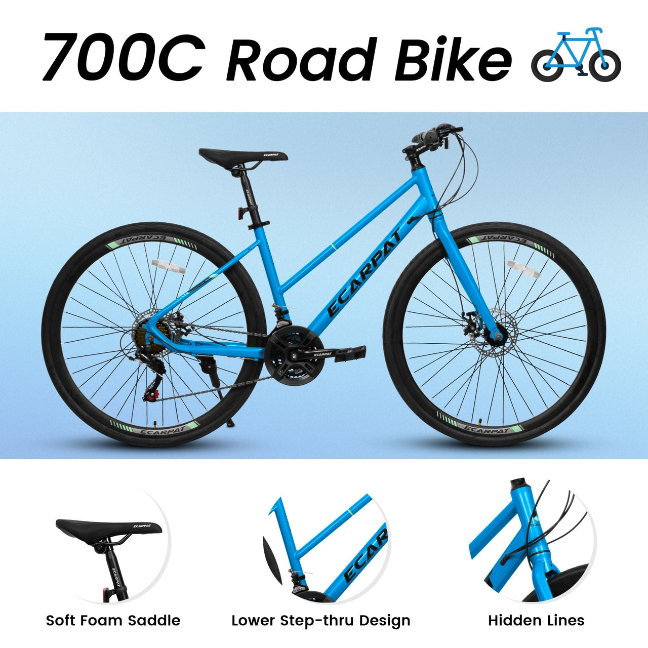 A28250 700C Road Hybrid Bike for Adult , 21-Speed Road Bike Road Bicycle Carbon Steel Frame/Dual-Disc Brakes/Multiple Colors