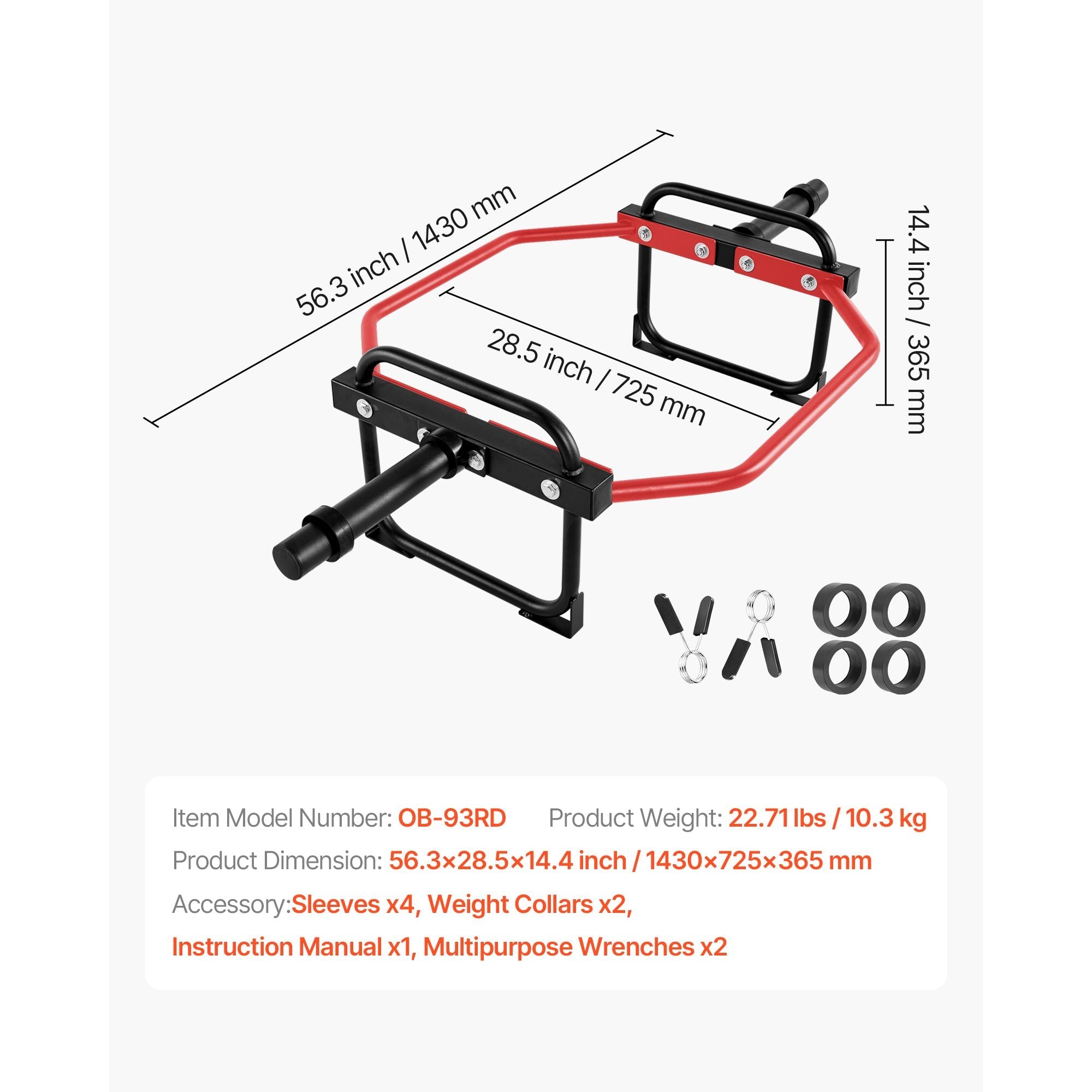 Trap Bar Hex Bar, 2-Inch Hex Barbell, 500 LBS Capacity Shrug Bars, Weightlifting and Strength Training Equipment, Home Gym for Squats, Deadlifts, Shoulder Presses, Red
