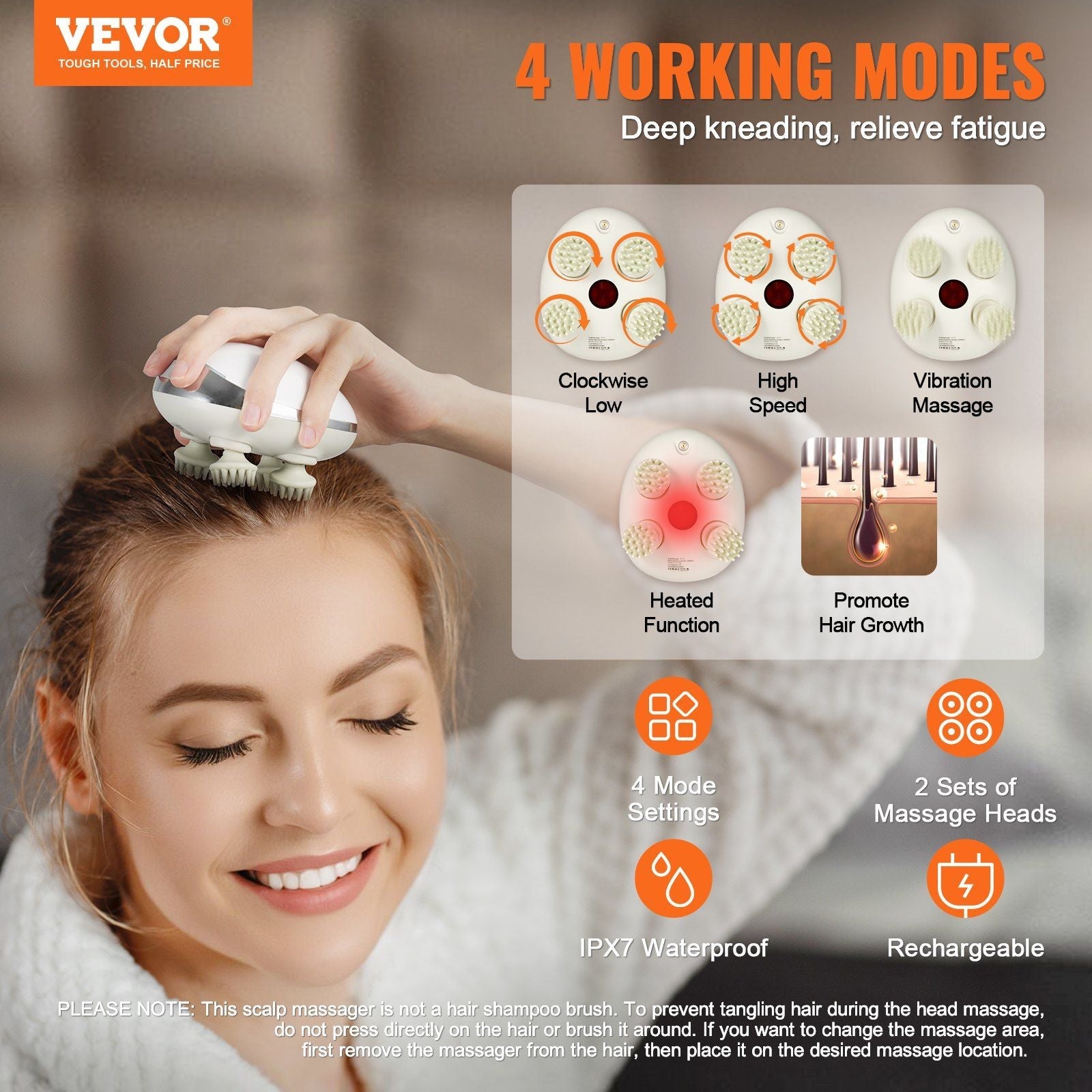 Electric Scalp Massager with Heat, Rechargeable Heated Head Massager, IPX7 Waterproof | Portable Kneading Scalp Scratcher with 8 Removable Massage Head for Hair Growth, Deep Clean, Stress Relax