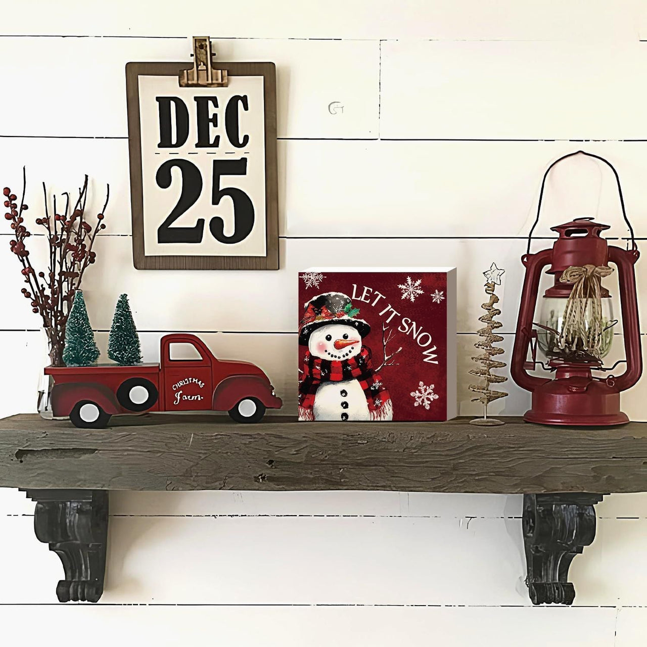 Christmas Decor Red Truck Christmas Wooden Box Signs Buffalo Plaid Christmas Decorations Christmas Decor for Home Office Bedroom Fireplace Car Tiered Tray Decor Christmas Gifts for Women 5x5