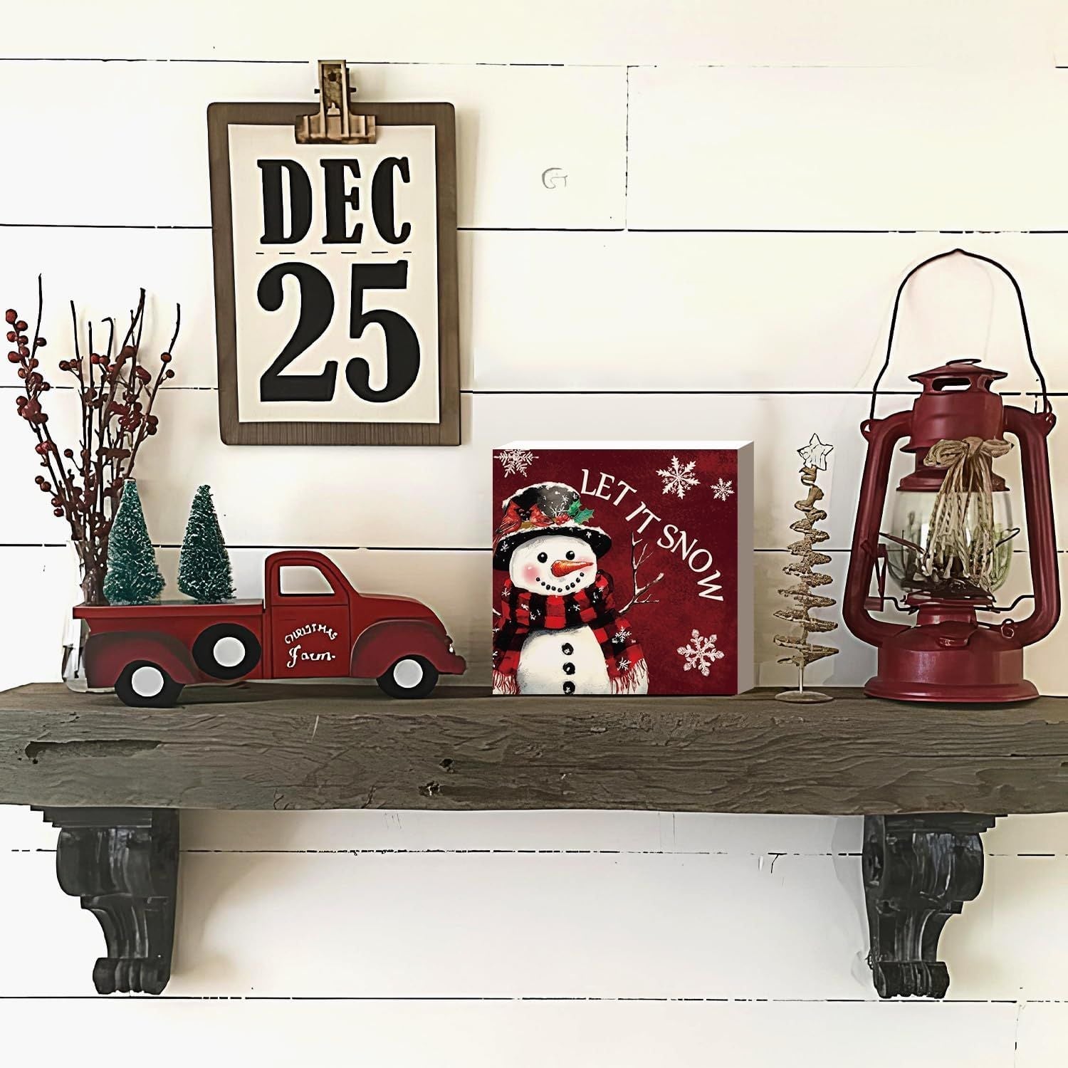 Christmas Decor Red Truck Christmas Wooden Box Signs Buffalo Plaid Christmas Decorations Christmas Decor for Home Office Bedroom Fireplace Car Tiered Tray Decor Christmas Gifts for Women 5x5