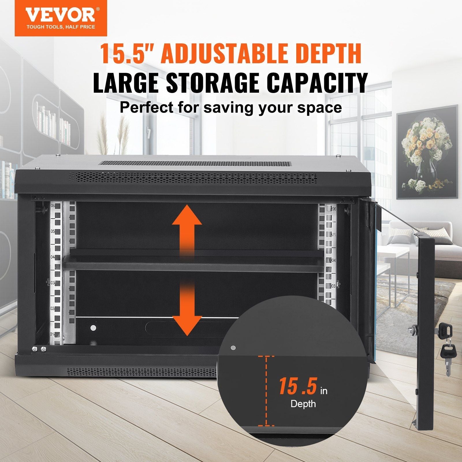 6U Wall Mount Network Server Cabinet, 15.5'' Deep, Server Rack Cabinet Enclosure, 200 lbs Max. Ground-mounted Load Capacity, with Locking Glass Door Side Panels, for IT Equipment, A/V Devices