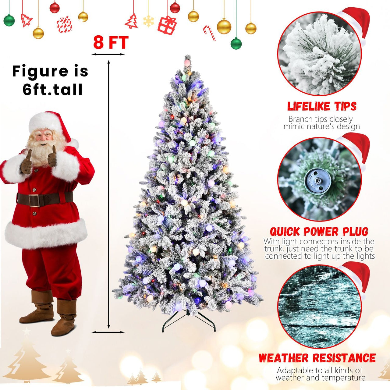 7.5FT Prelit Artificial Flocked Christmas Tree with 400 Multi-Color LED Lights, Full Hinged Pine Xmas Tree with 1523 PE & PVC Mixed Branch Tips, Metal Stand and Hinged Branches, 10 Colors