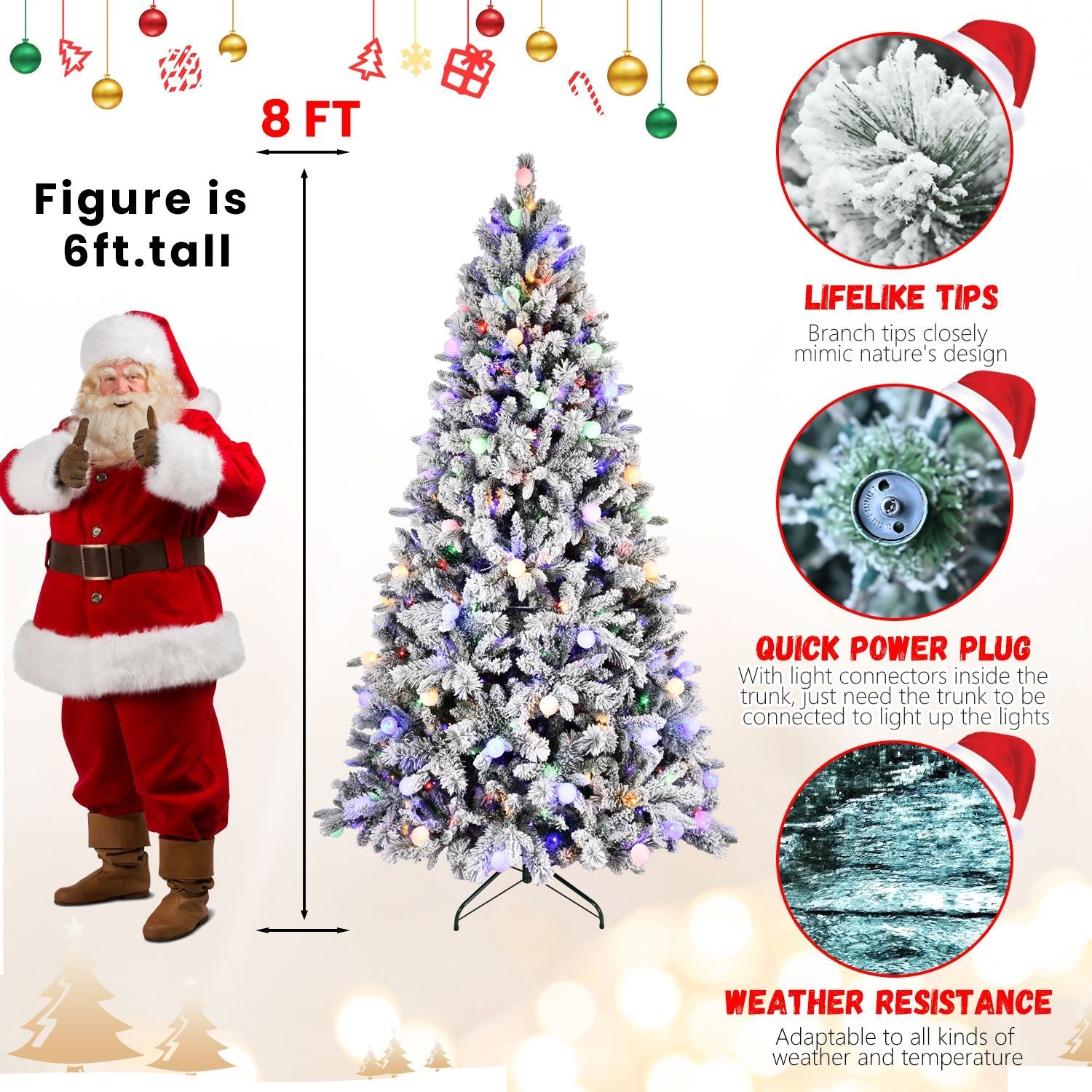 7.5FT Prelit Artificial Flocked Christmas Tree with 400 Multi-Color LED Lights, Full Hinged Pine Xmas Tree with 1523 PE & PVC Mixed Branch Tips, Metal Stand and Hinged Branches, 10 Colors