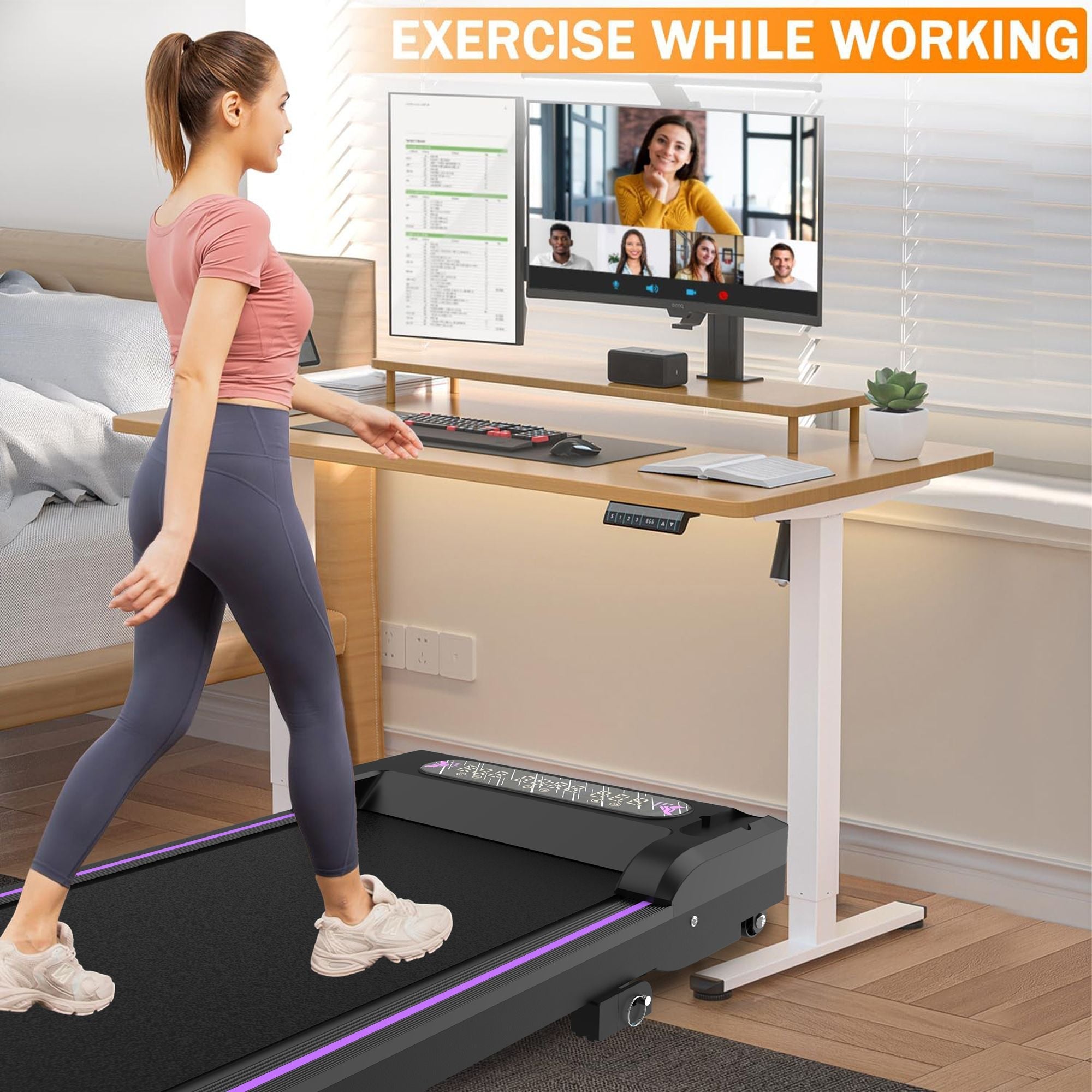 Under Desk Treadmill, Walking Pad, 2 in 1 Portable Treadmill with Handle Remote Control LED Display, Walking Jogging Machine for Home Office Use Black