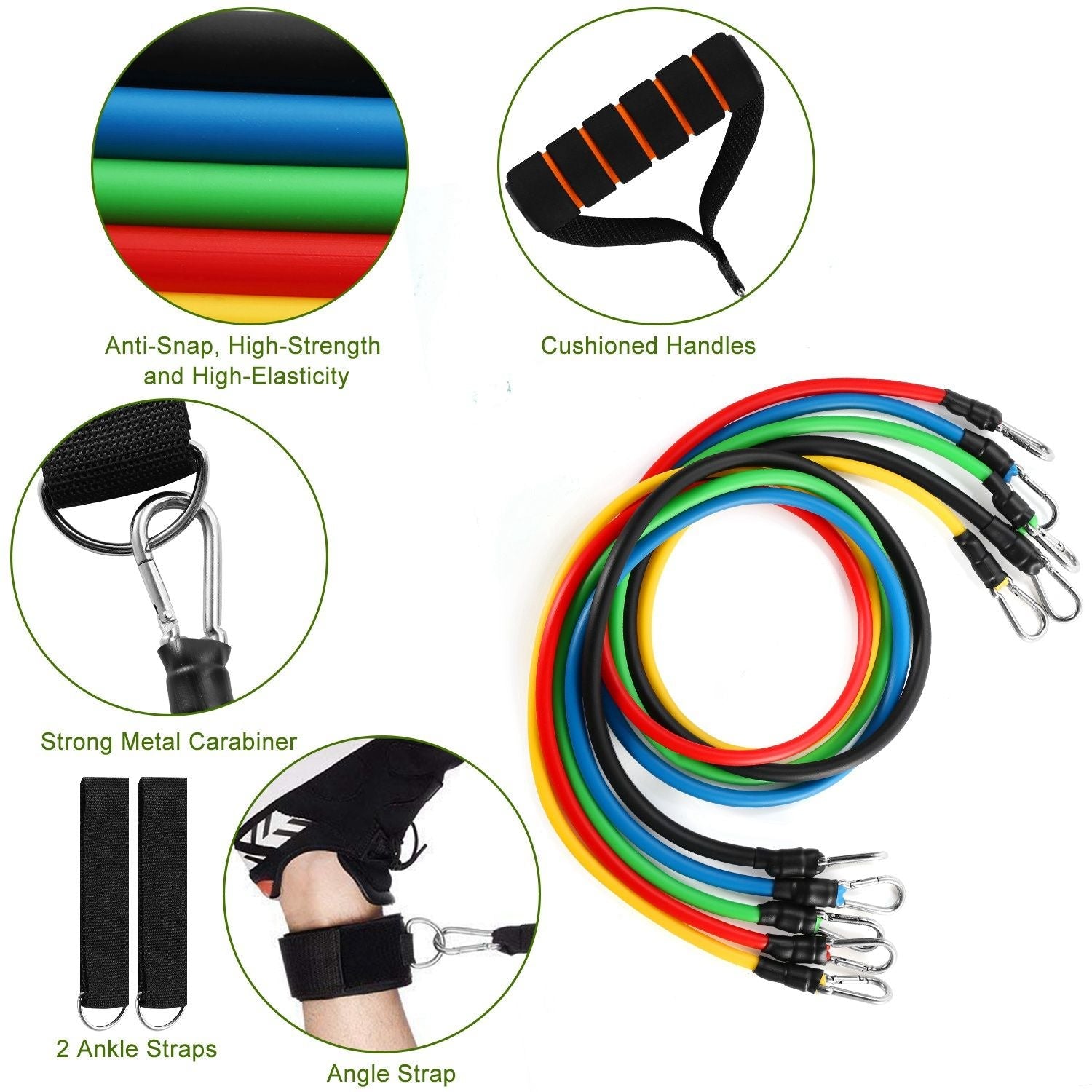 11Pcs Resistance Bands Set Fitness Workout Tubes Exercise Tube Bands Up to 100lbs w/ Door Anchor Handles Ankle Straps for Physical Training Yoga Pilates