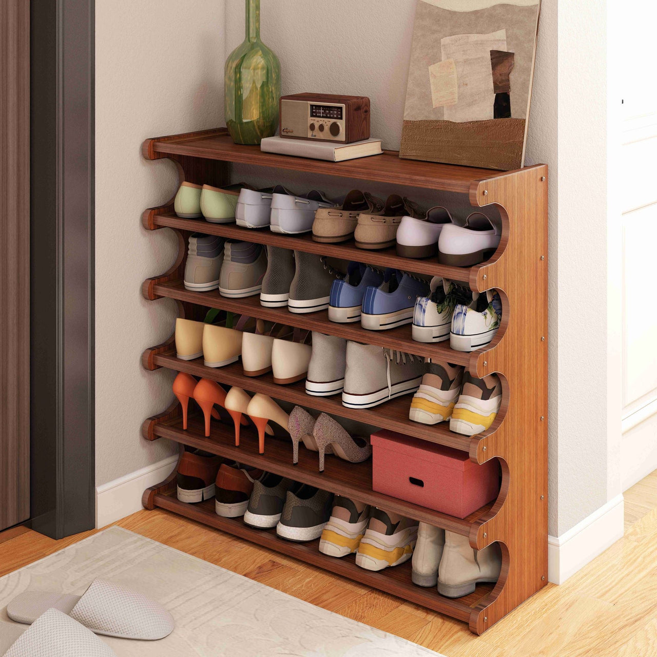 5/6-layer practical storage rack, shoe rack, space-saving design, multi-layer independent storage rack, wood grain finish, easy to assemble, self-supporting cubic shoe storage rack, storage rack, suit
