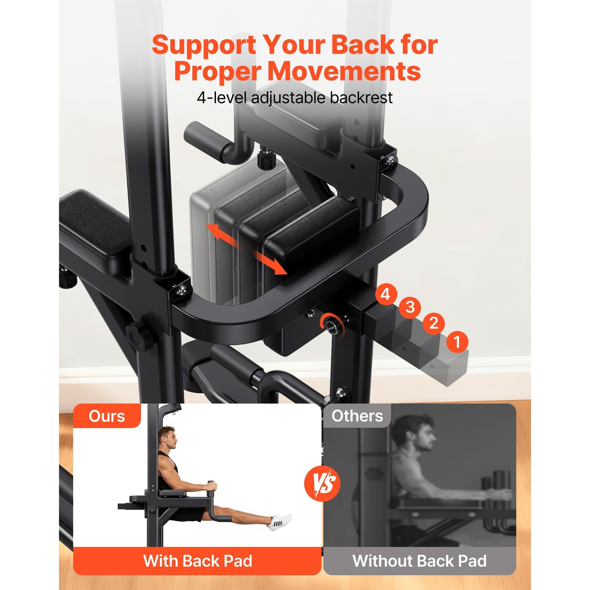 Pull Up Bar, 330 LBS Power Tower Dip Station, Workout Dip Station with H-Shaped Stable Base & Back Pad, Adjustable 12 Level Height Free Standing Chin Up Bar for Back, 4-Level Adjustable Back Pad