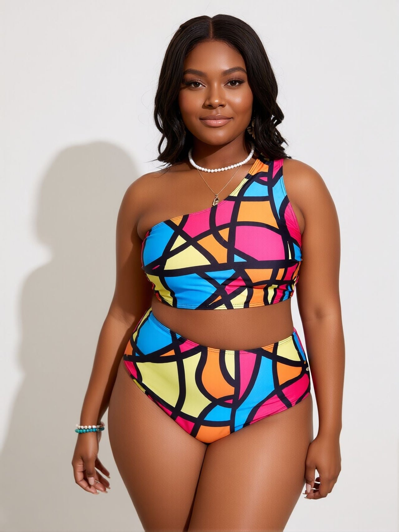 Women's Plus Size Abstract Print Bikini Set, One Shoulder Crop Top with High Waist Brief, Colorful Swimwear for Curvy Women