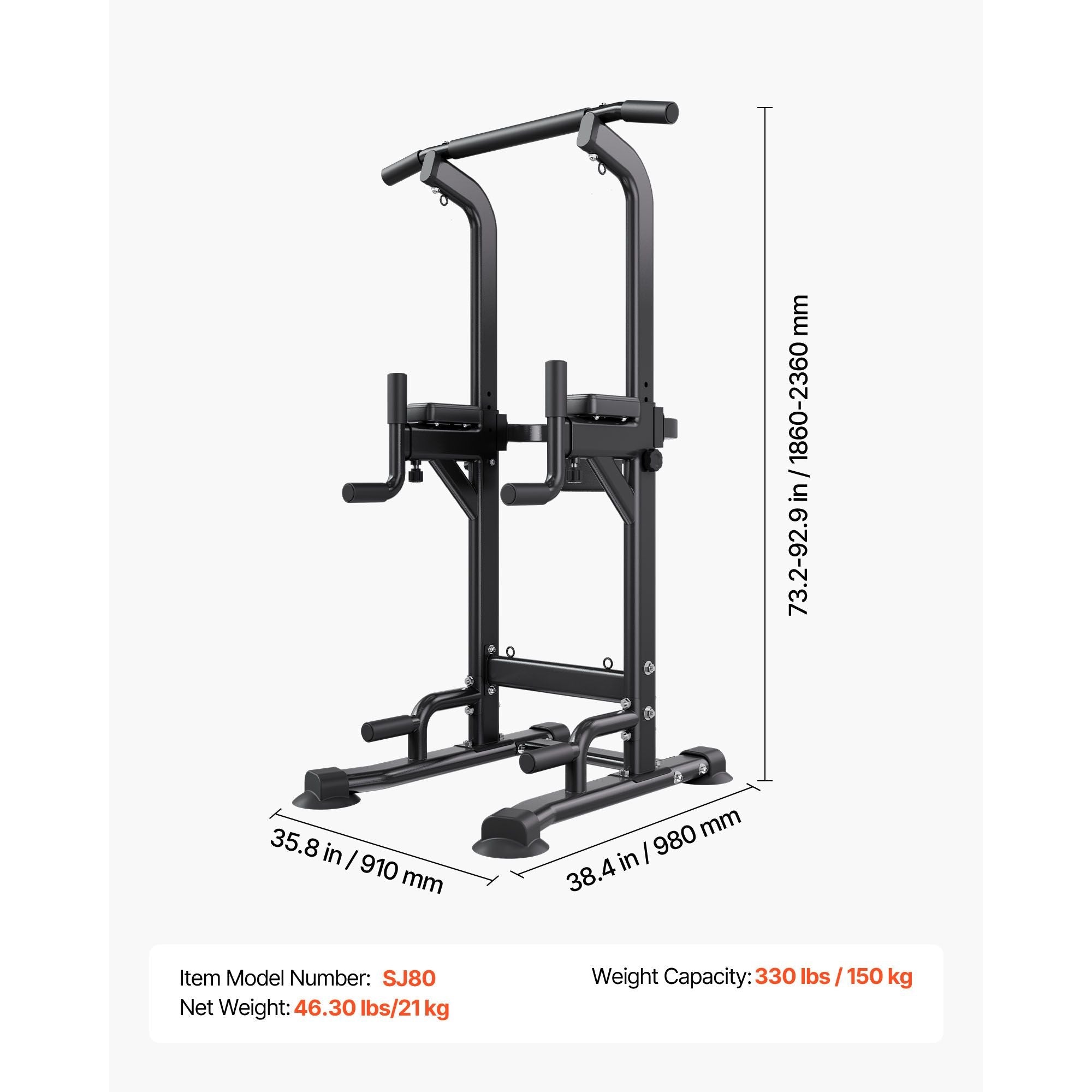 Pull Up Bar, 330 LBS Power Tower Dip Station, Workout Dip Station with H-Shaped Stable Base & Back Pad, Adjustable 12 Level Height Free Standing Chin Up Bar for Back, 4-Level Adjustable Back Pad
