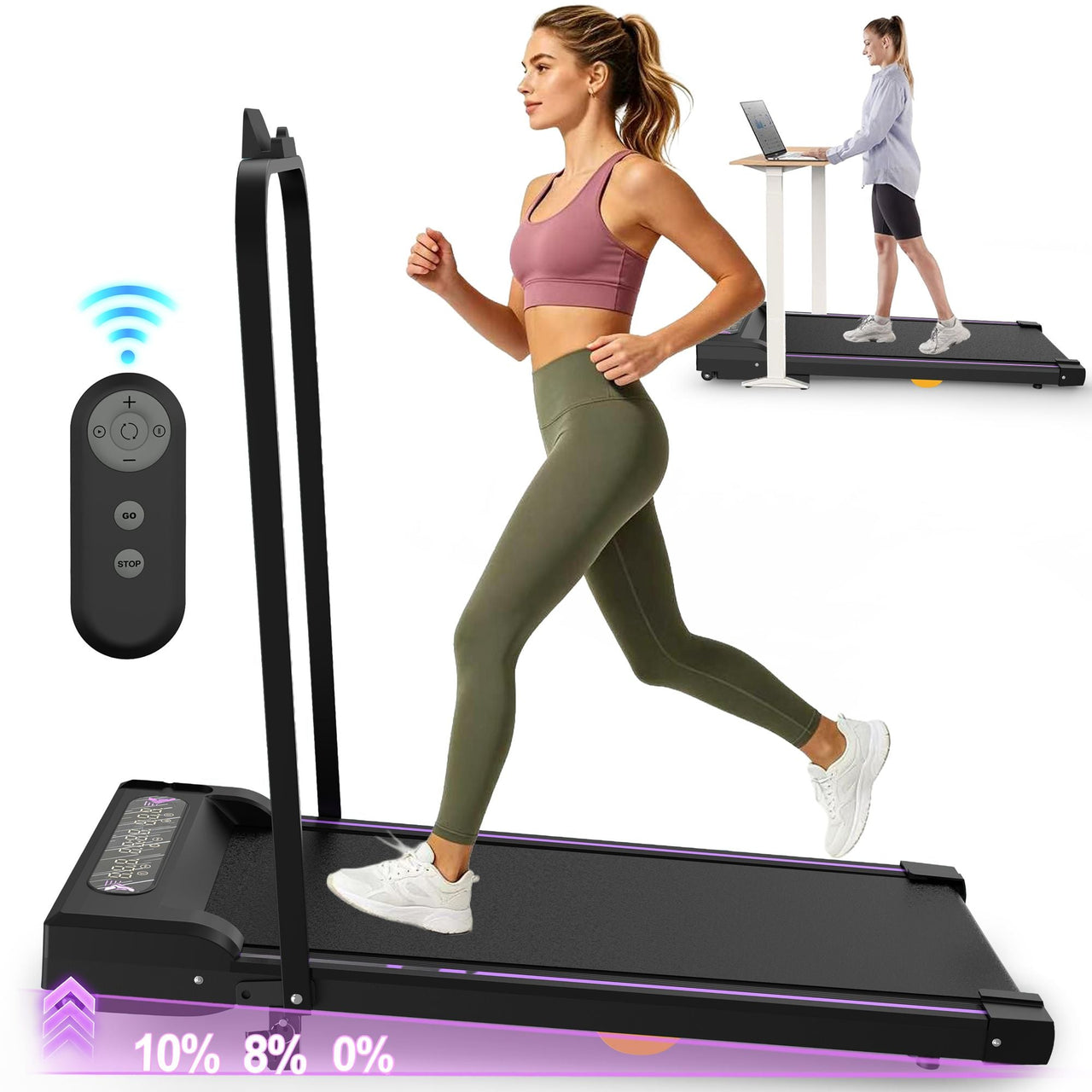 Under Desk Treadmill, Walking Pad, 2 in 1 Portable Treadmill with Handle Remote Control LED Display, Walking Jogging Machine for Home Office Use Black