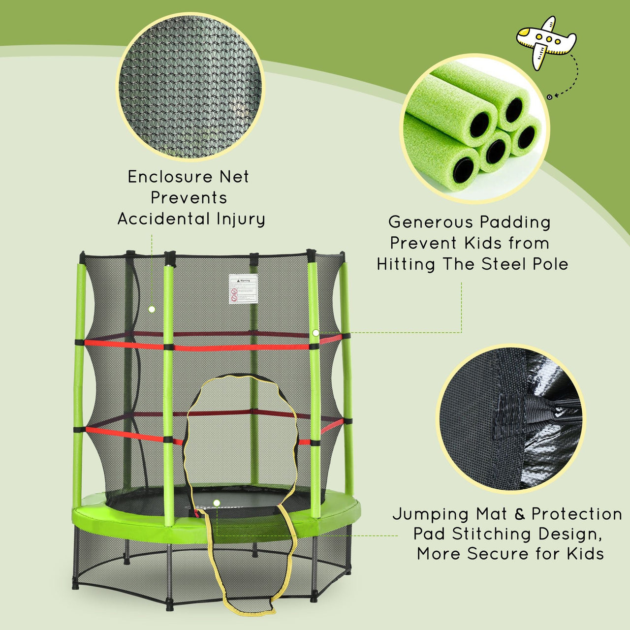 4.5FT Green Kids Trampoline with Safety Enclosure Net, Springless Design, for Ages 3 to 6