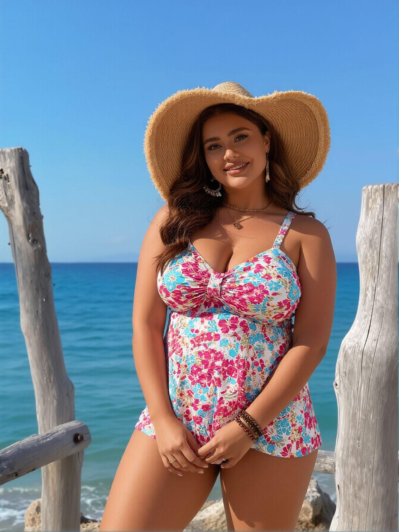 2026 New Plus Size Tankini Set: Pink Blue Floral Print, Bow Front, Flared Hem, High Waist Bottom, Cute Beach Style