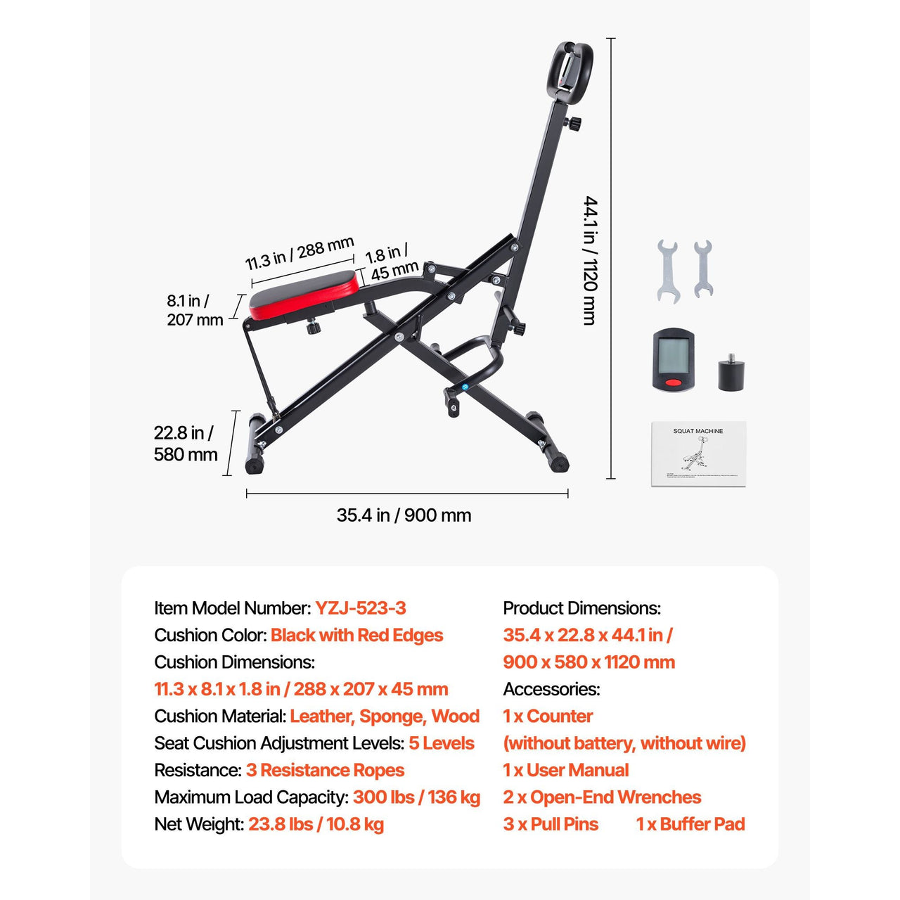 Squat Machine, Deep Squat Rowing Machine for Home, Easy Setup & Foldable Exercise Equipment, Glute Trainer Machine with 3 High-Strength Resistance Bands, Glutes & Leg Home Workout Machine, Black
