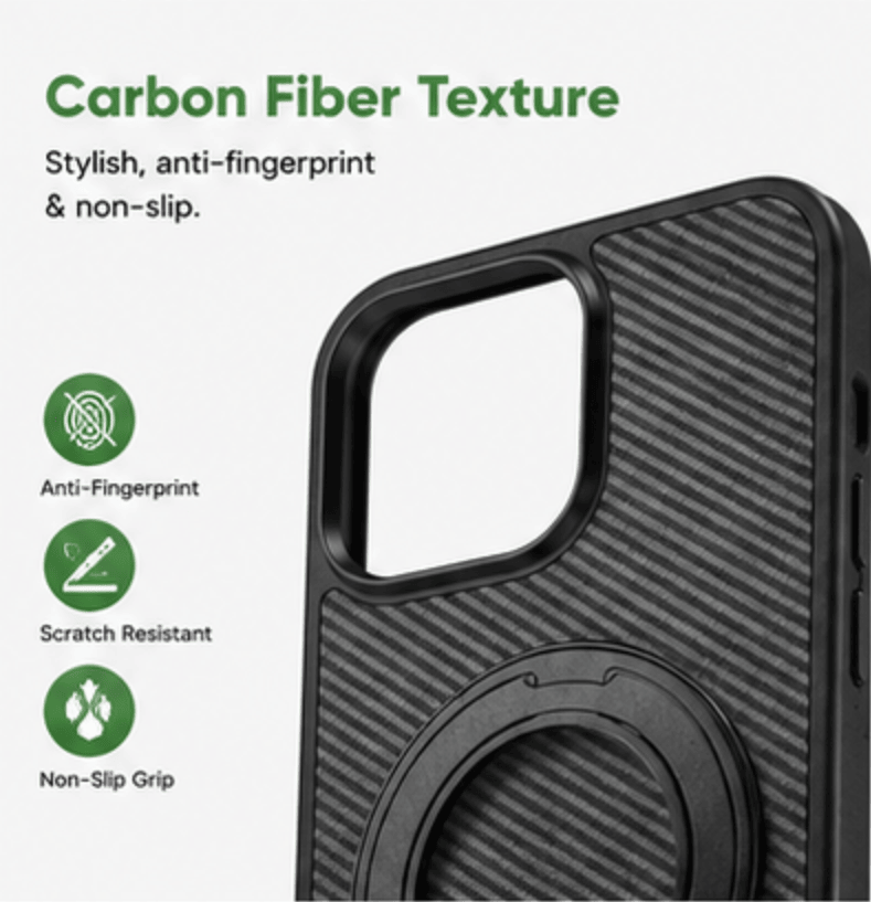 Magnetic Carbon Fiber Phone Case for iPhone 13 14 15 16 17 Series, Built-in Rotatable Kickstand Shockproof Protective Cover Compatible with MagSafe Wireless Charging