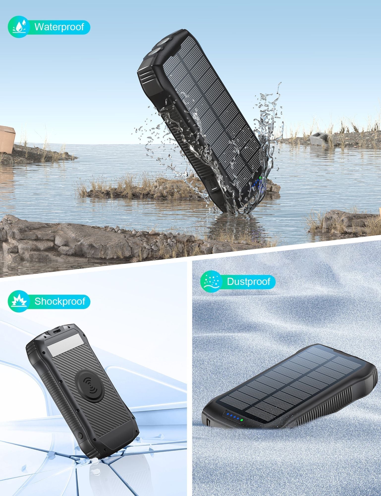 Portable Charger, Solar Power Bank 33500mAh Fast Charging, Solar Battery Pack with Waterproof 6W Bright Flashlight for iPhone S amsung Tablet