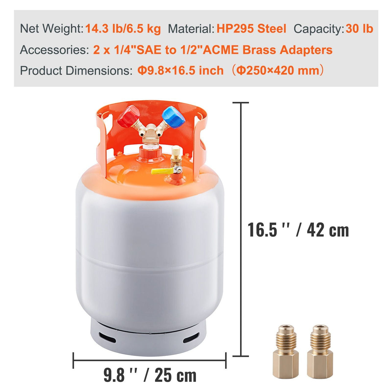 Refrigerant Recovery Tank, 30 LBS Capacity, 400 psi Portable Cylinder Tank with Y-Valve for Liquid/Vapor, High-sealing Recovery Can for R22/R134A/R410A, Orange+Gray