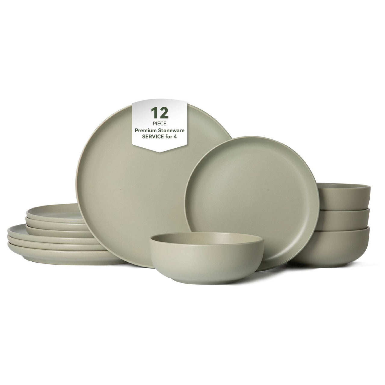12-Piece Stoneware Dinner Plates Bowls Sets | Microwave & Dishwasher Safe | Non-Toxic Dinner Plates Bowls Set | Stackable Matte Glaze Kitchenware for 4