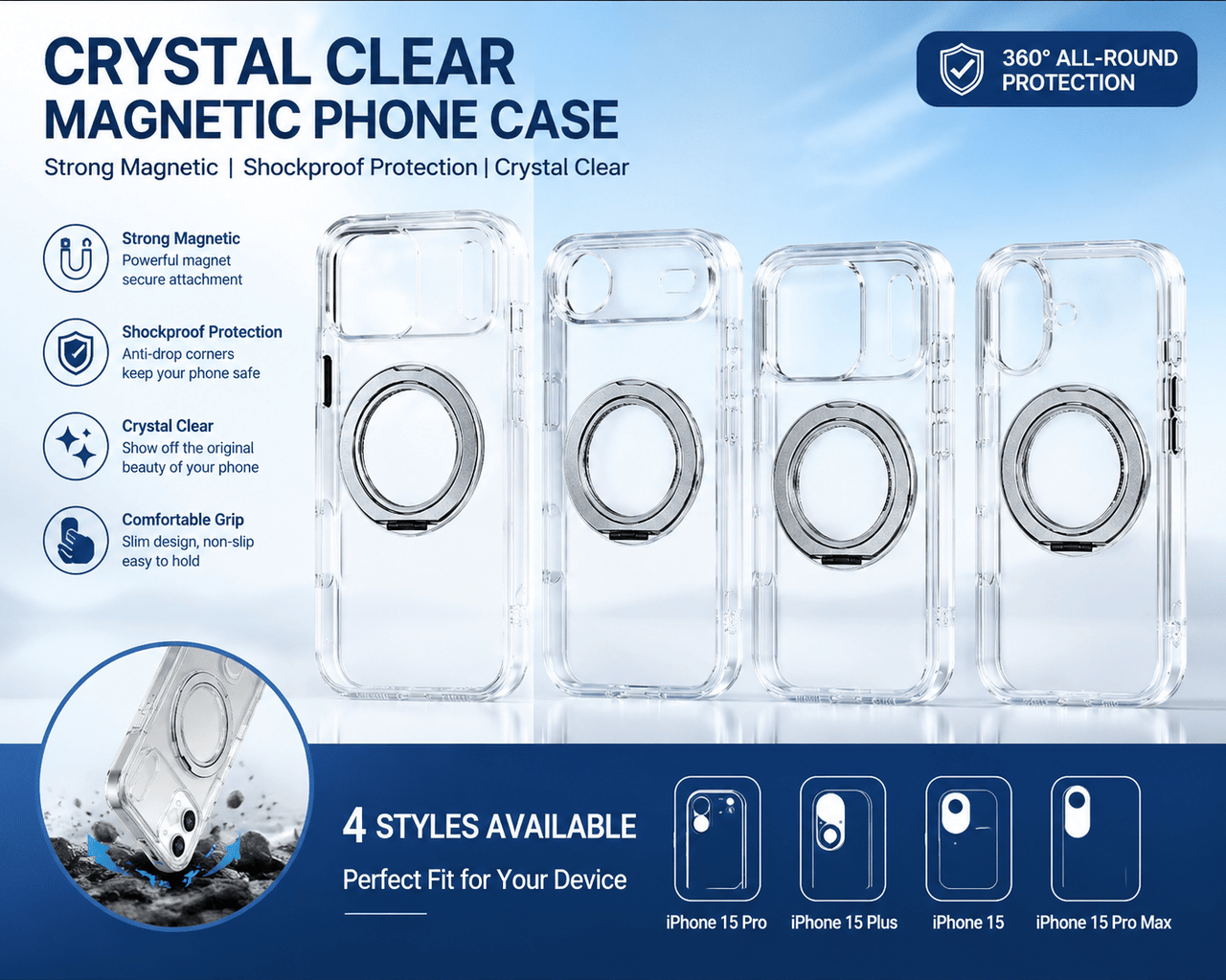Transparent Magnetic Phone Case Compatible with iPhone 13-17 AIR, 360° Rotating Ring Holder, Anti-Yellow & Shockproof Protective Case, Works with Magnetic Accessories