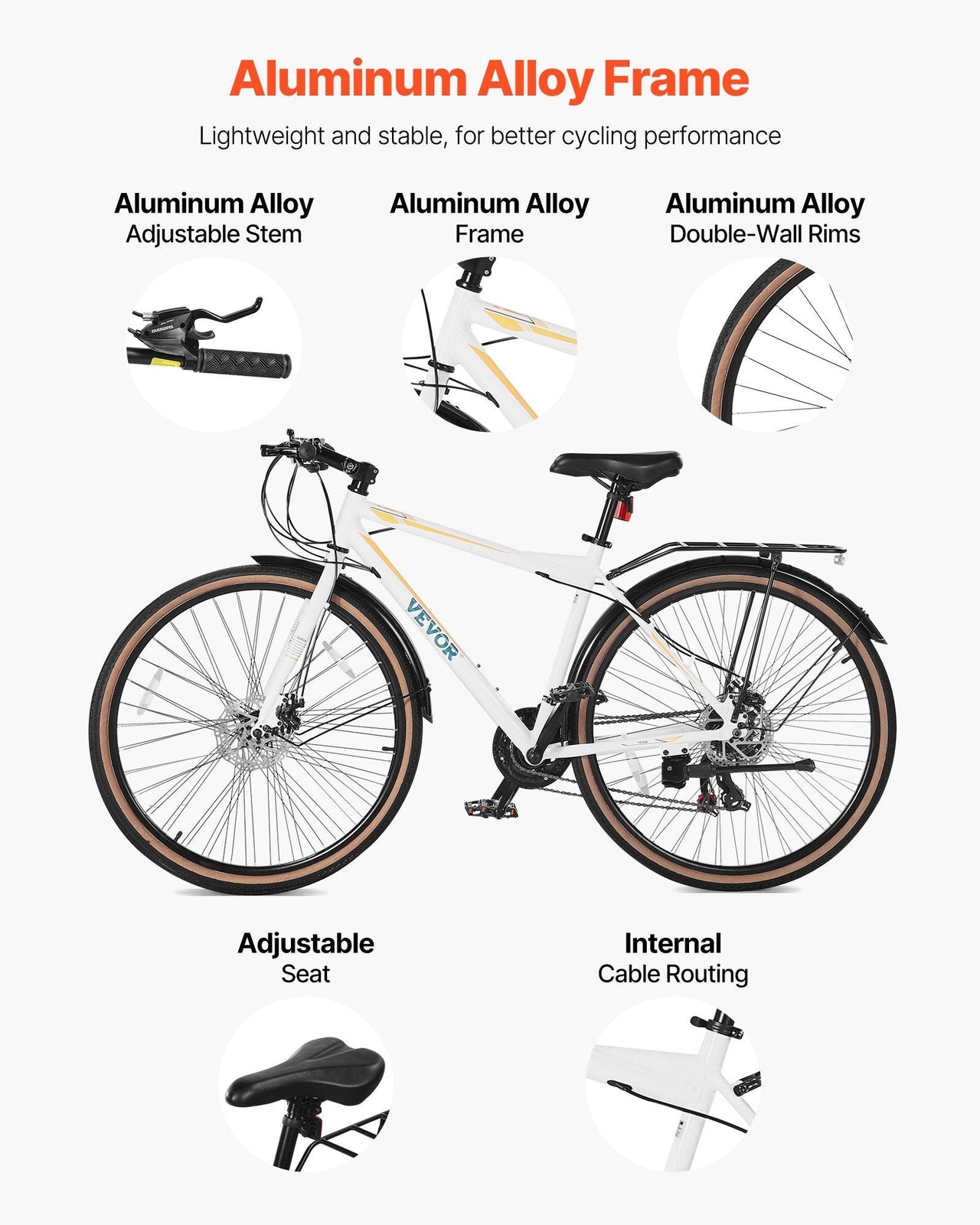Hybrid Bike, Lightweight Aluminum Frame Bike, 700c Wheel Men Women Hybrid Bicycle, Step-Over Adult Urban City Commuter Bikes, with 24-Speed Shimano Drivetrain, Alloy Adjustable Stem, Dual Brakes
