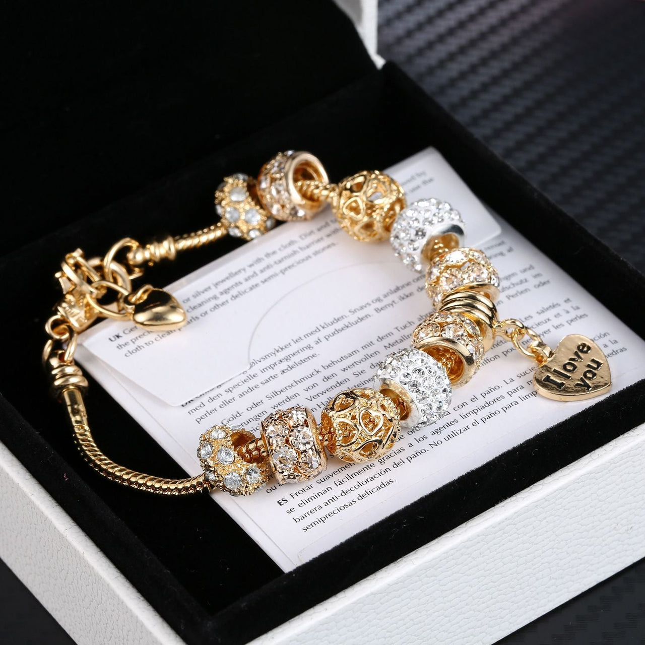 Heart Charm Bracelet with Extender Gold Plated Snake Chain Bracelets CZ Crystal Beads Charms Bracelets